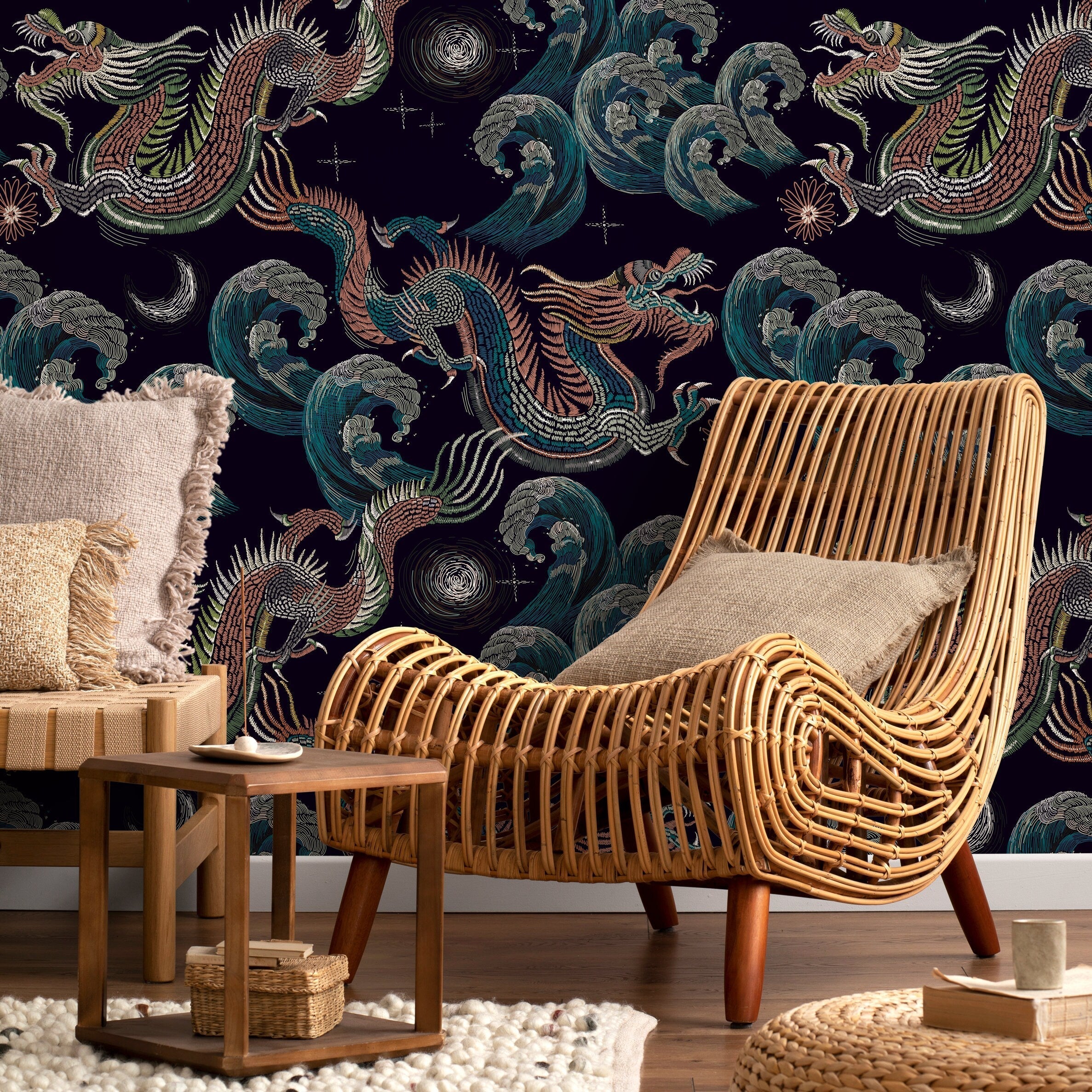 Chinoiserie Wallpaper With An Embroidered Dragon Motif In Teal, Terracotta, And Navy - D878