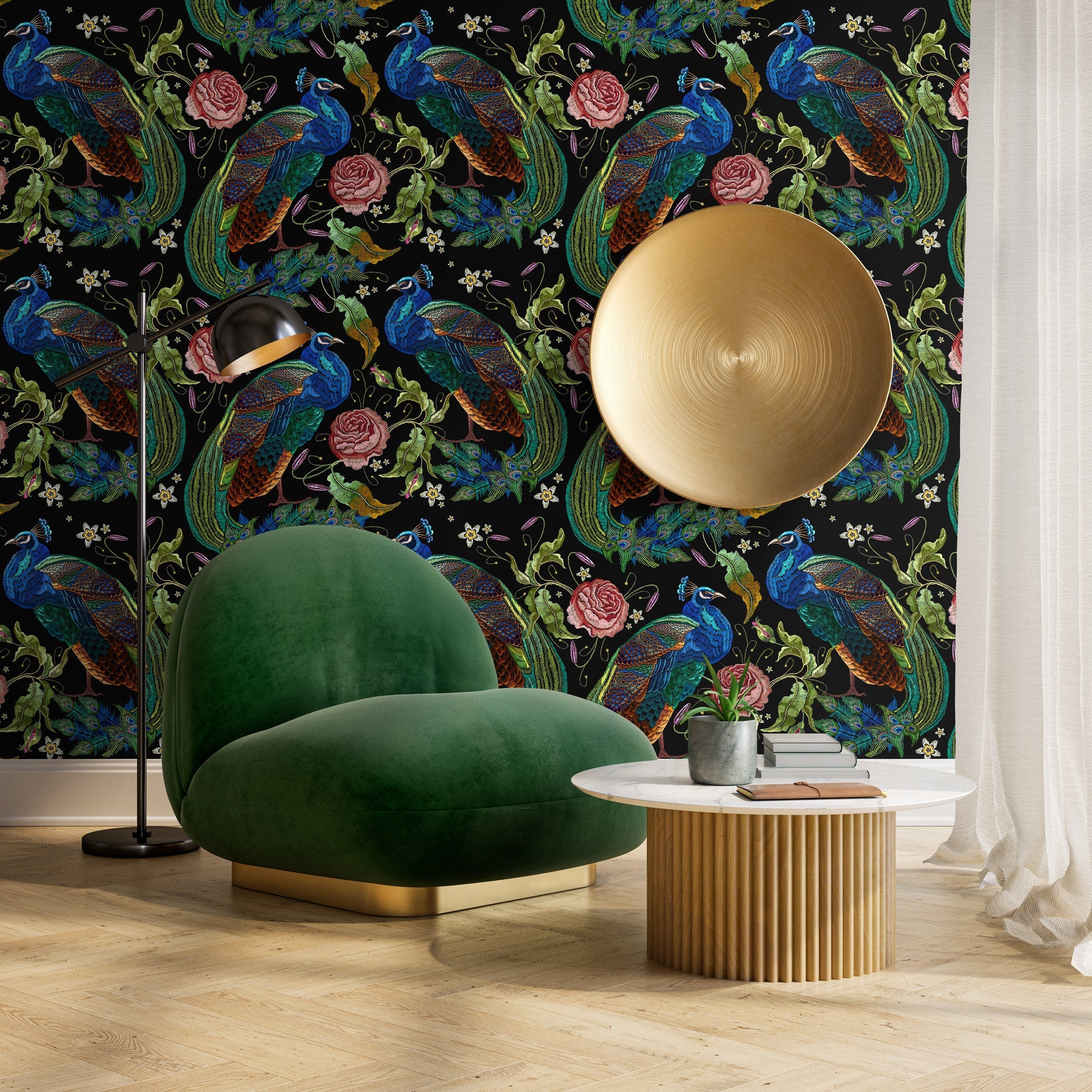 Peacock Wallpaper With An Embroidered Floral Motif In Blue, Green, And Pink - D882