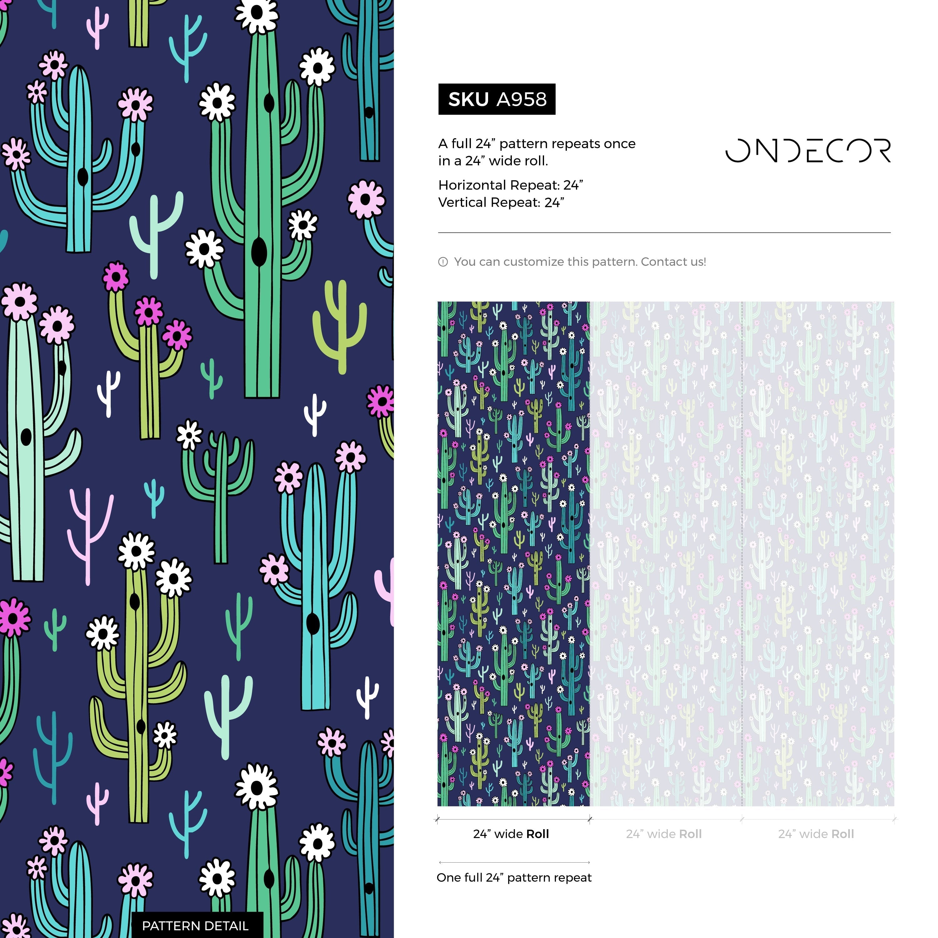 Cacti Wallpaper Featuring Blooming Desert Plants In Navy, Green, And Pink - A958