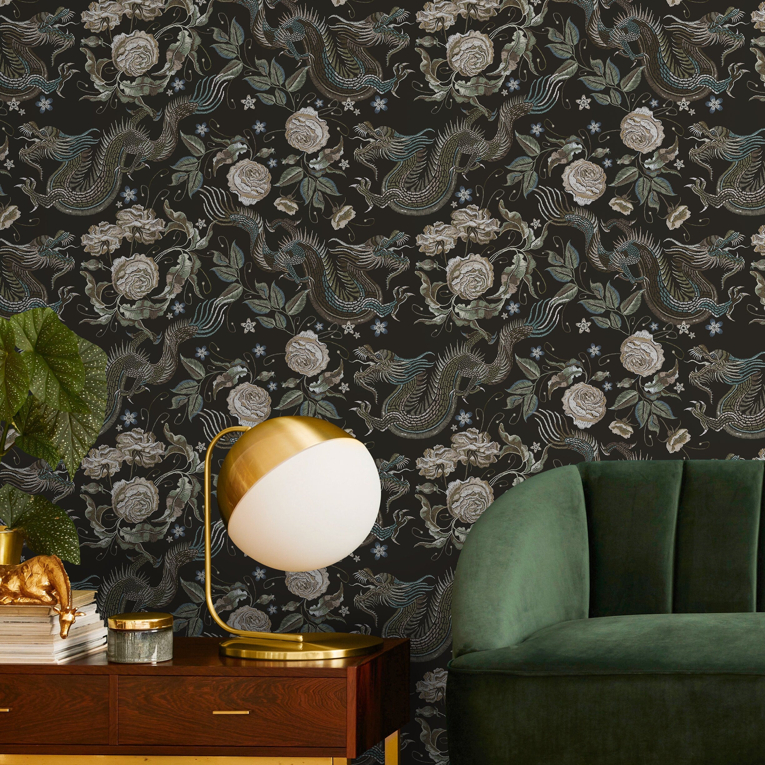 Chinoiserie Wallpaper With Embroidered Dragons And Roses In Green, Beige, And Blue - D881