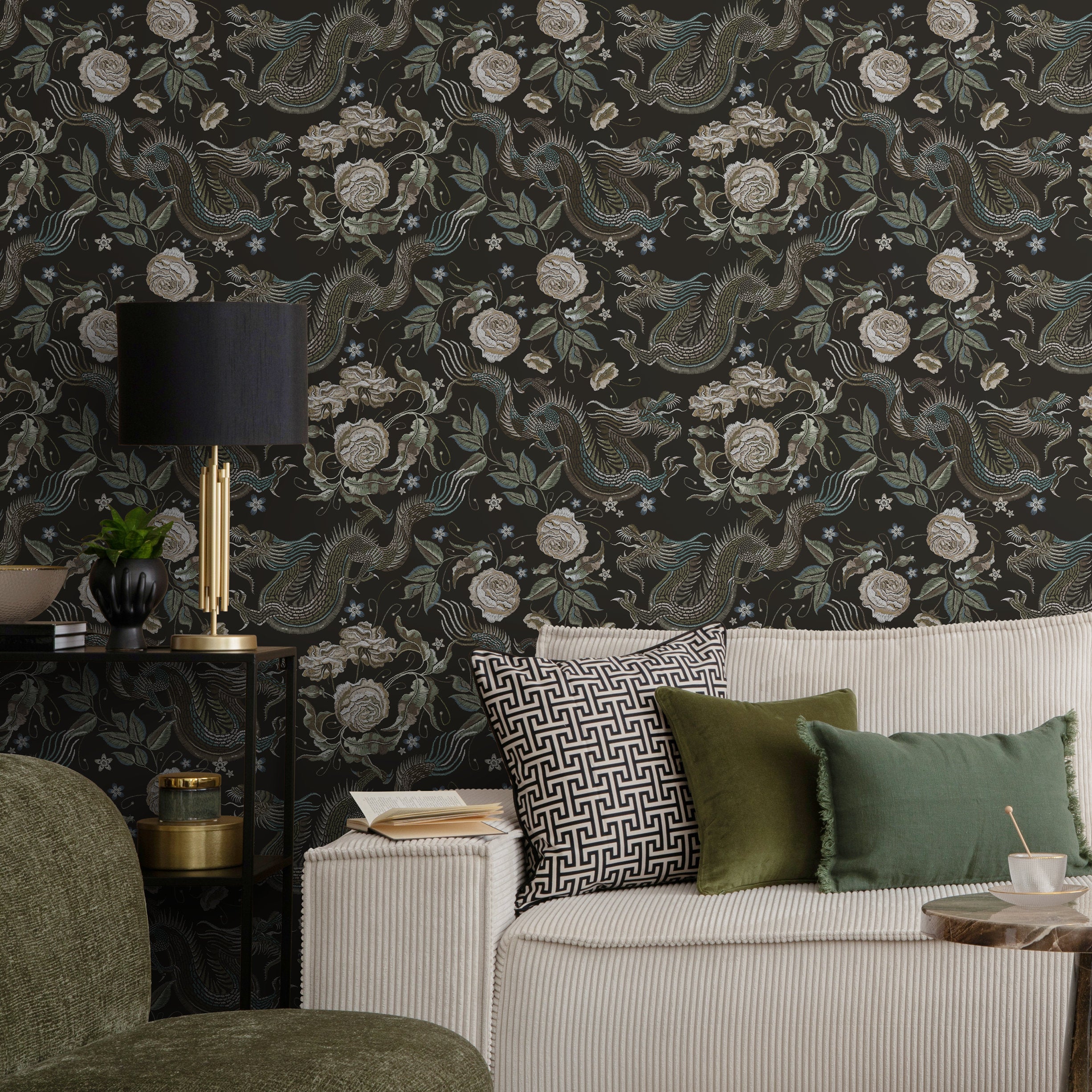Chinoiserie Wallpaper With Embroidered Dragons And Roses In Green, Beige, And Blue - D881