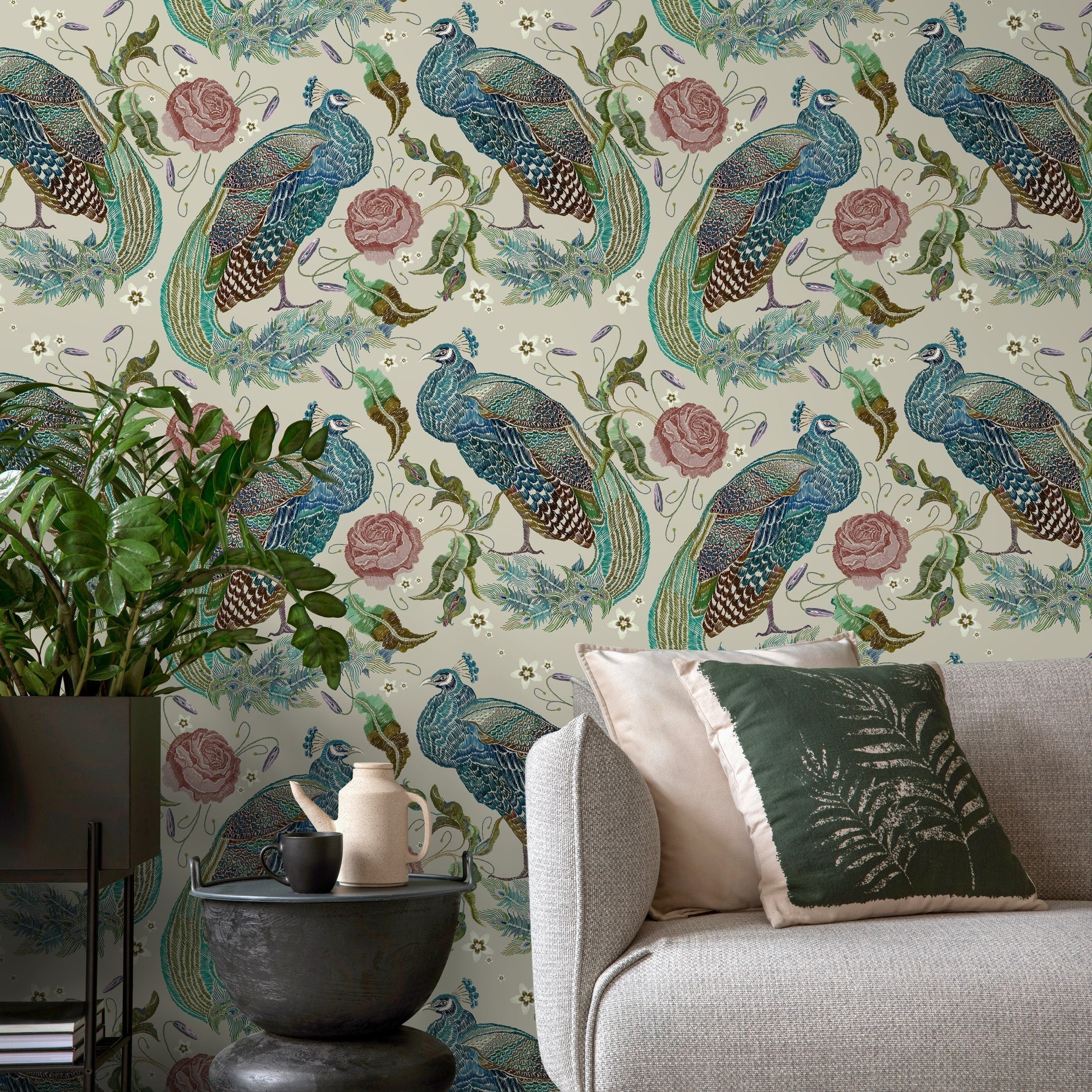 Peacock Wallpaper With An Embroidered Floral Motif In Blue, Green, And Pink - D883