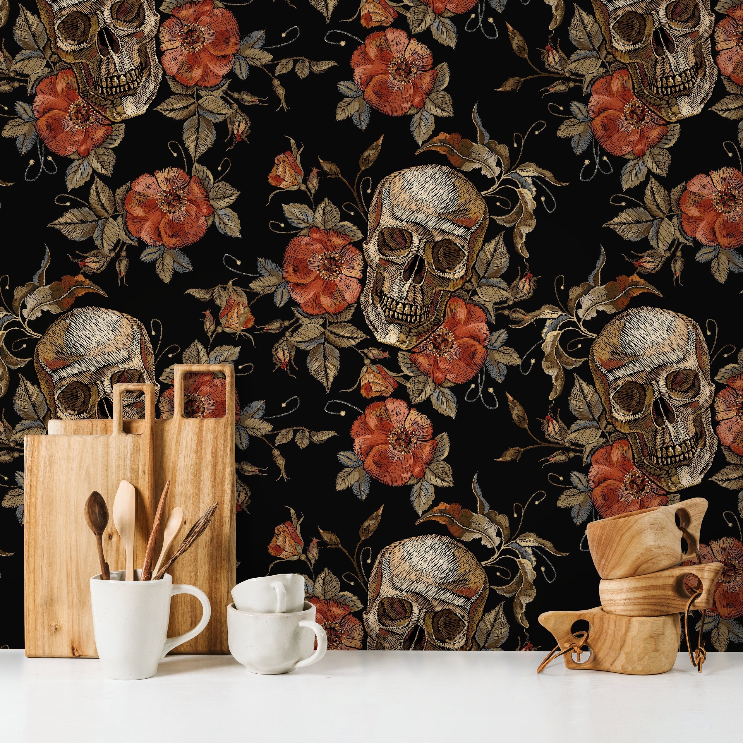 Gothic Wallpaper With Skulls And Embroidered Roses In Red, Brown, And Black - D889
