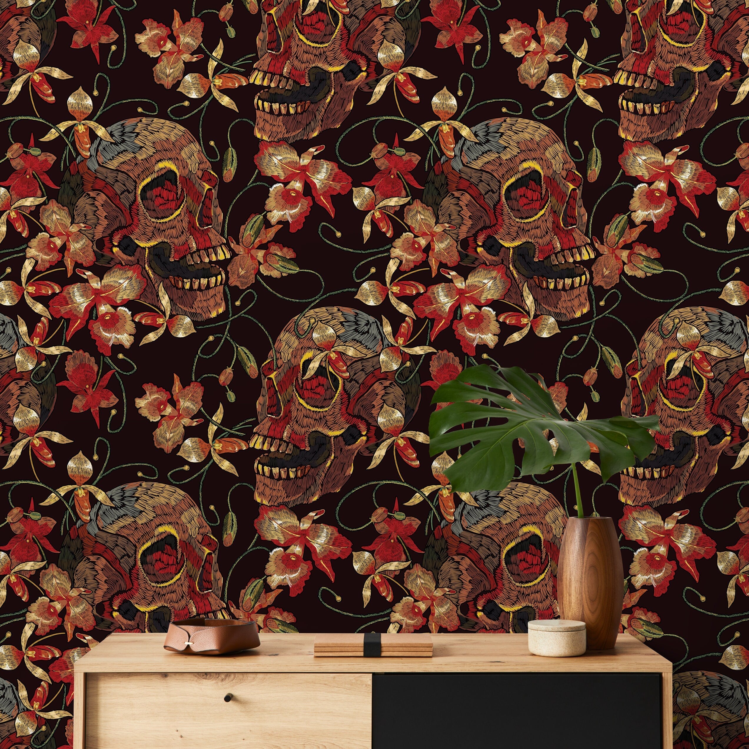 Skull Wallpaper With An Embroidered Floral Motif In Black, Red, And Yellow - D896