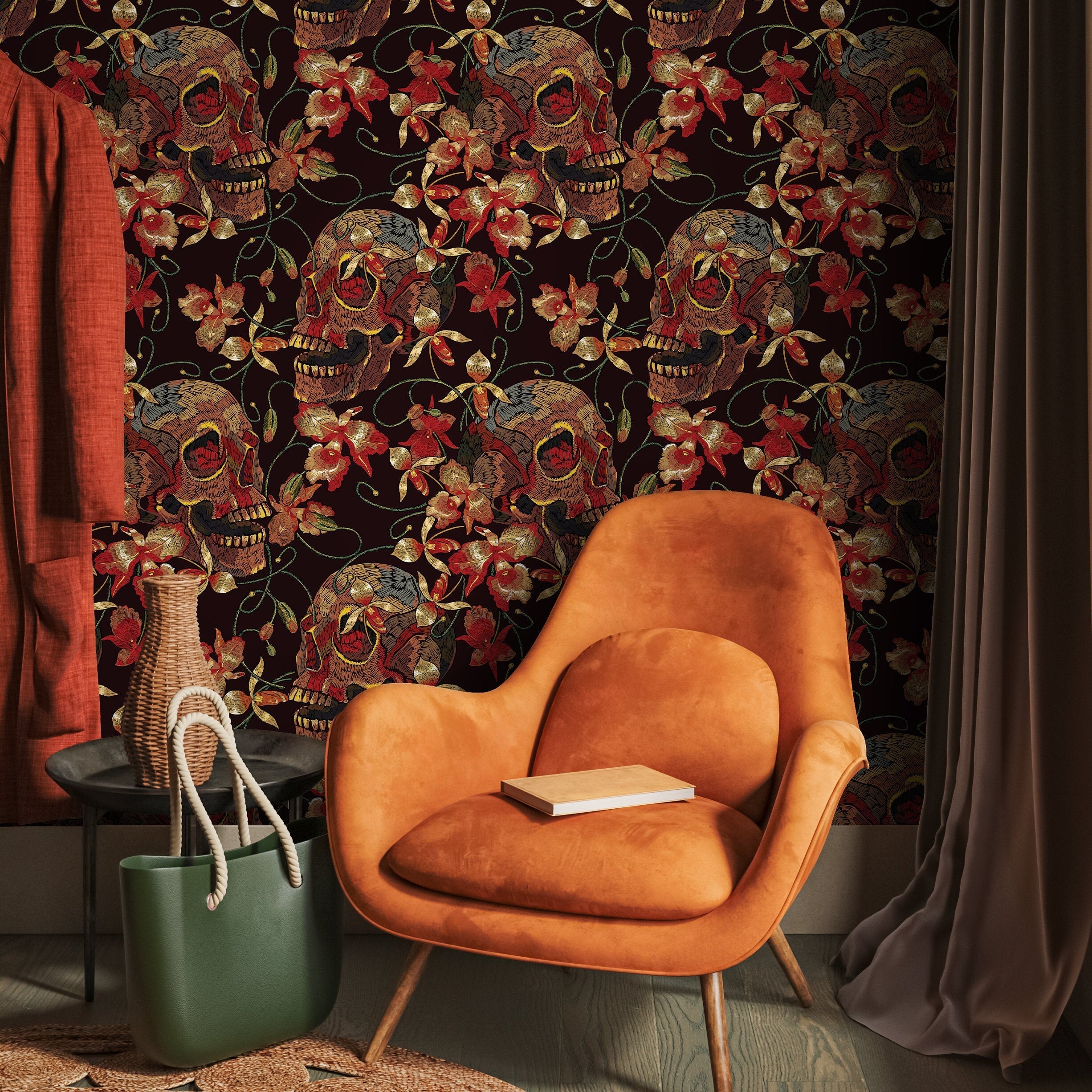 Skull Wallpaper With An Embroidered Floral Motif In Black, Red, And Yellow - D896