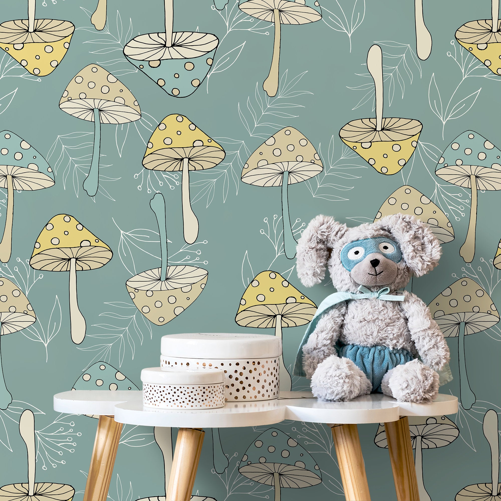 Mushroom Wallpaper With A Whimsical Polka Dot Style In Green, Yellow, And Beige - D892