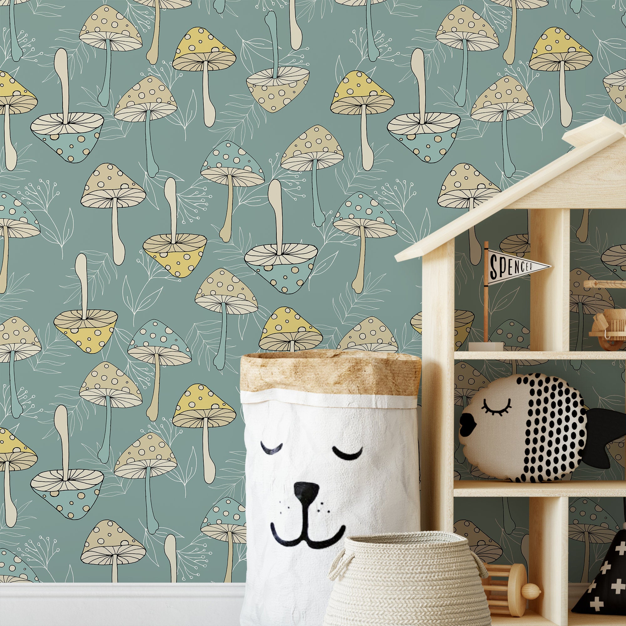 Mushroom Wallpaper With A Whimsical Polka Dot Style In Green, Yellow, And Beige - D892