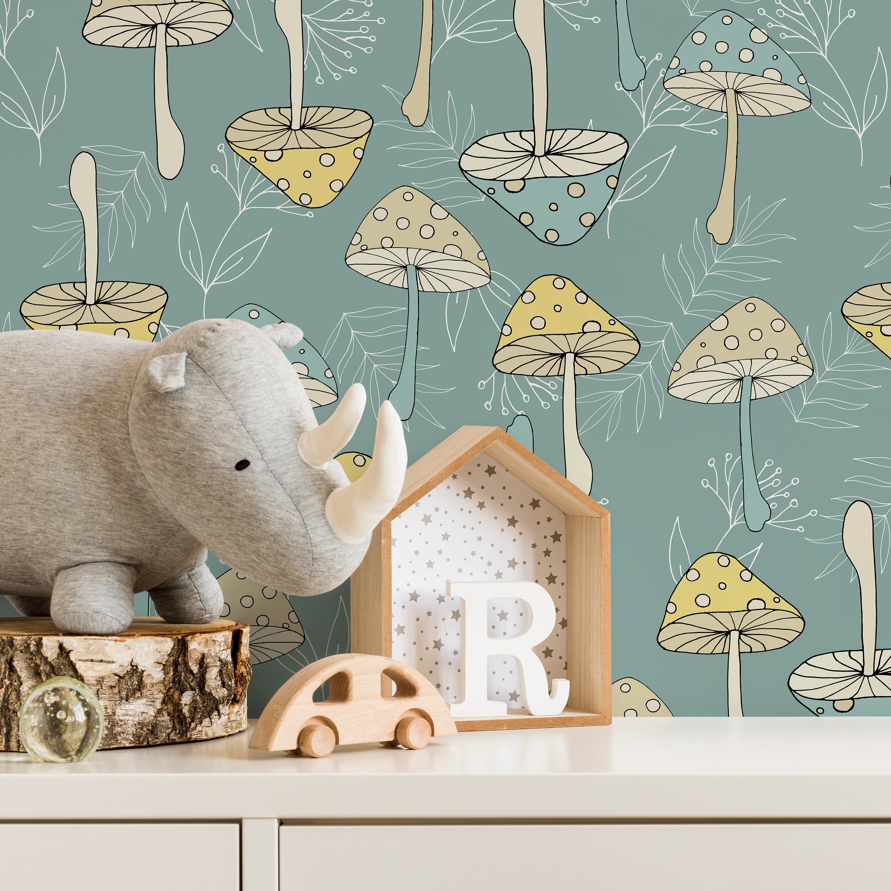 Mushroom Wallpaper With A Whimsical Polka Dot Style In Green, Yellow, And Beige - D892