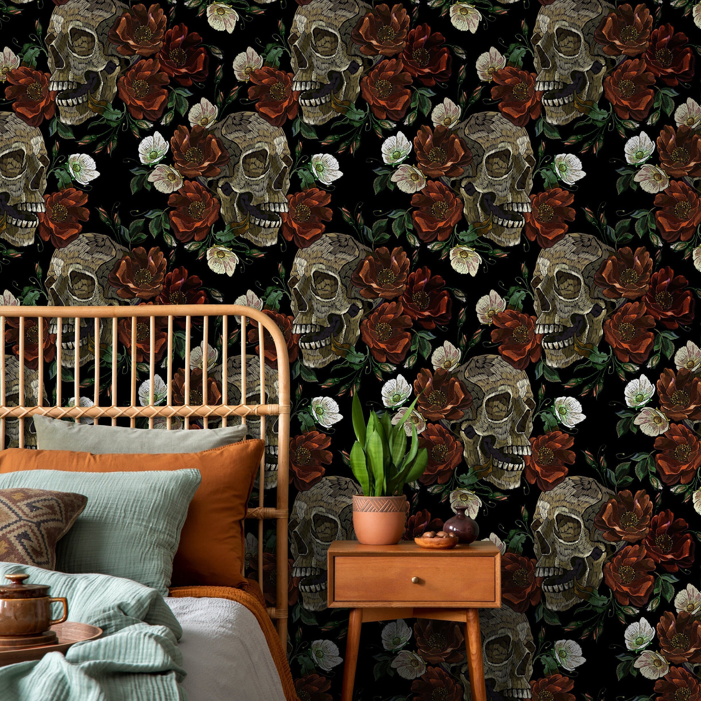 Gothic Wallpaper With Embroidered Skulls And Flowers In Red And Beige - D906