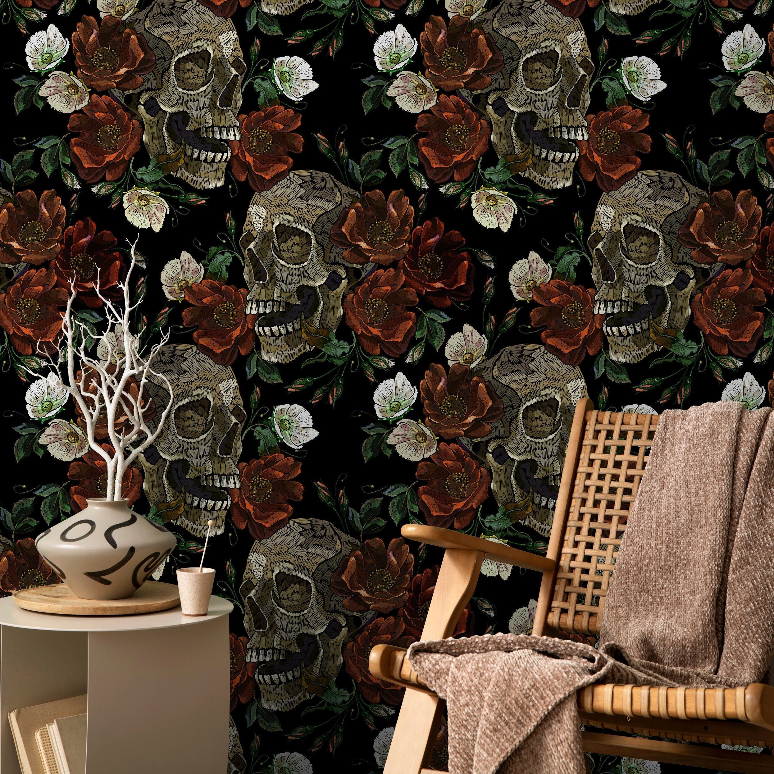 Gothic Wallpaper With Embroidered Skulls And Flowers In Red And Beige - D906