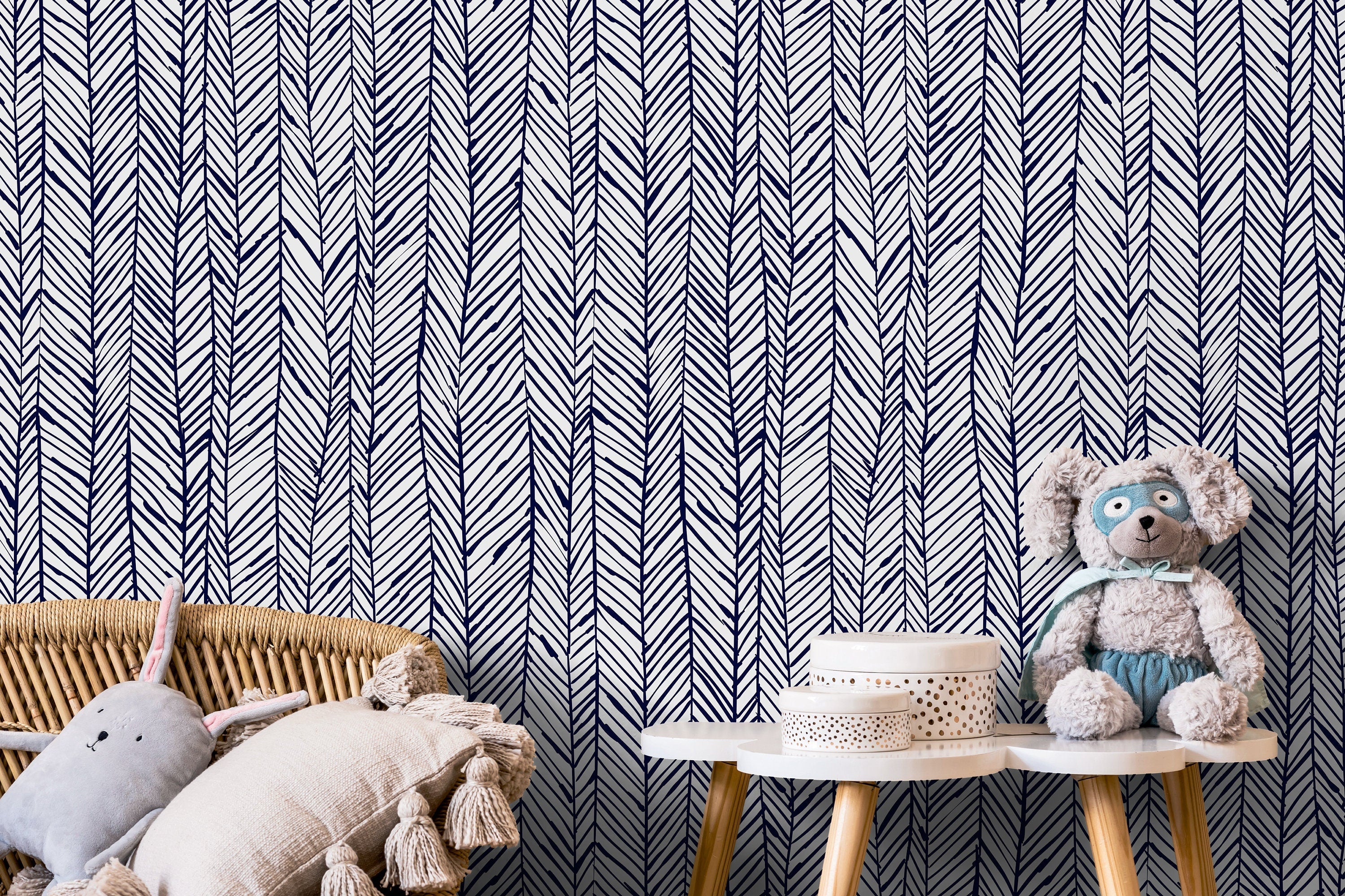 Herringbone Wallpaper With A Hand-drawn Sketch Motif In Navy Blue - A427