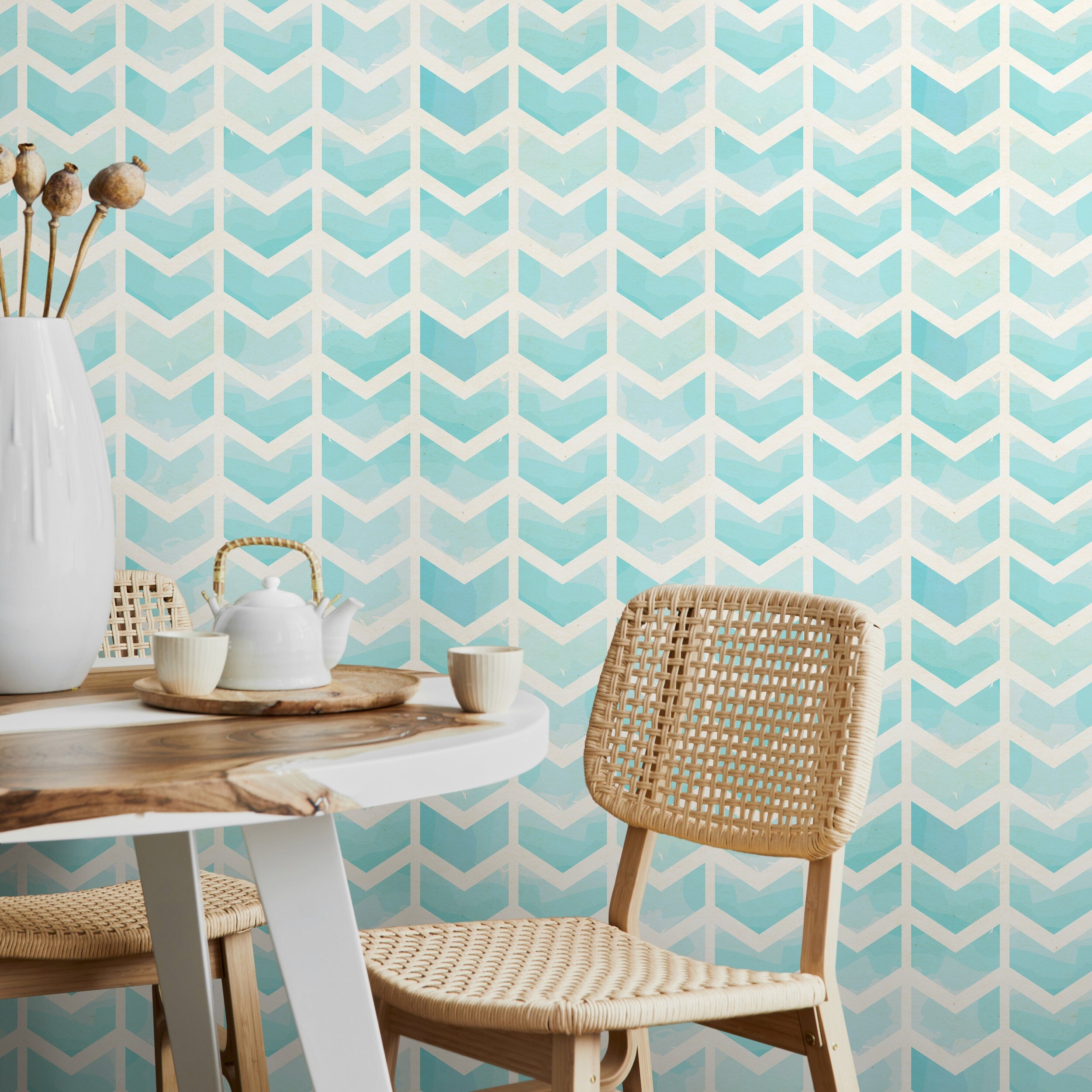 Herringbone Wallpaper With A Watercolor Chevron Motif In Blue And Cream - A297