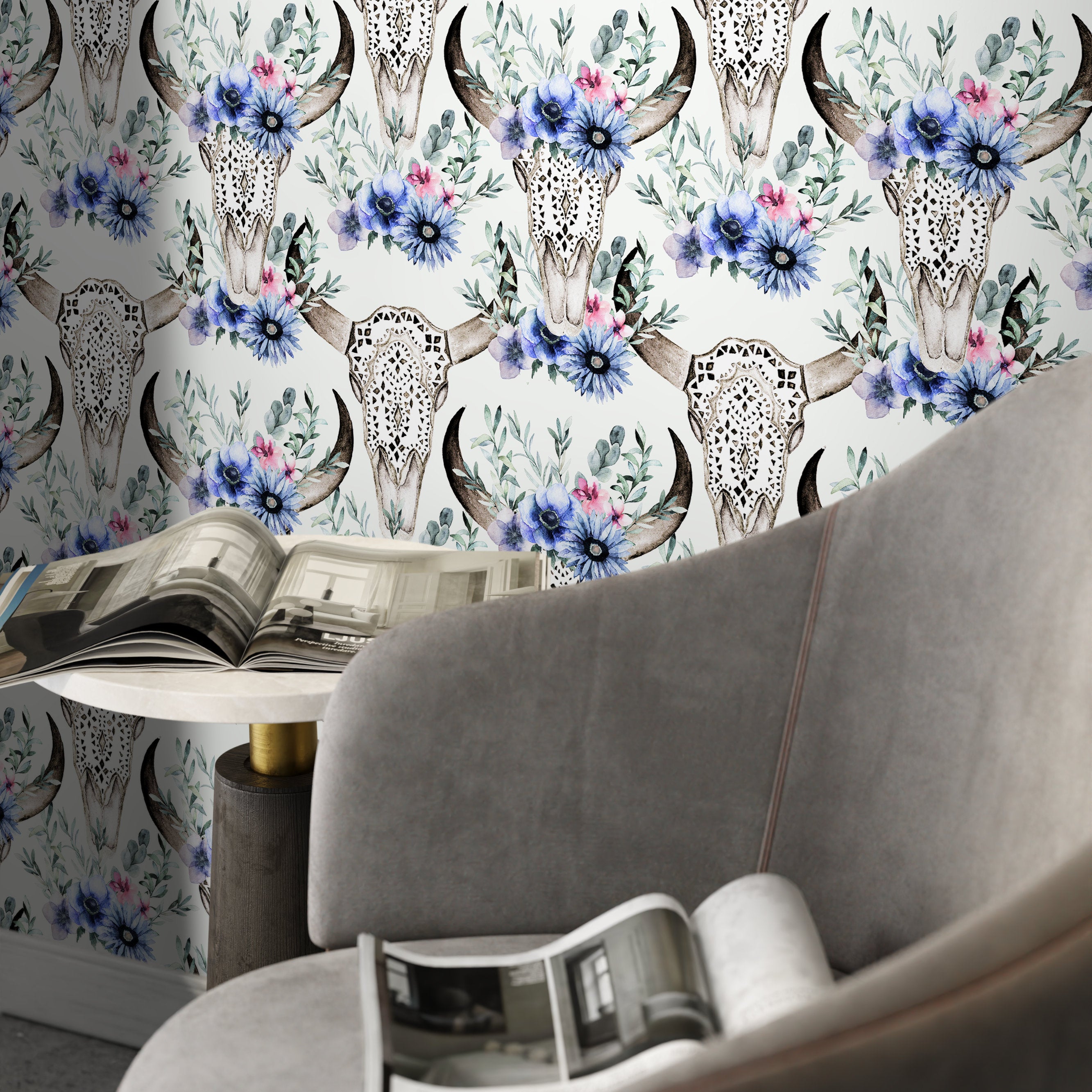 Floral Wallpaper With A Bohemian Bull Skull Motif In Blue, Pink, And Green - D926