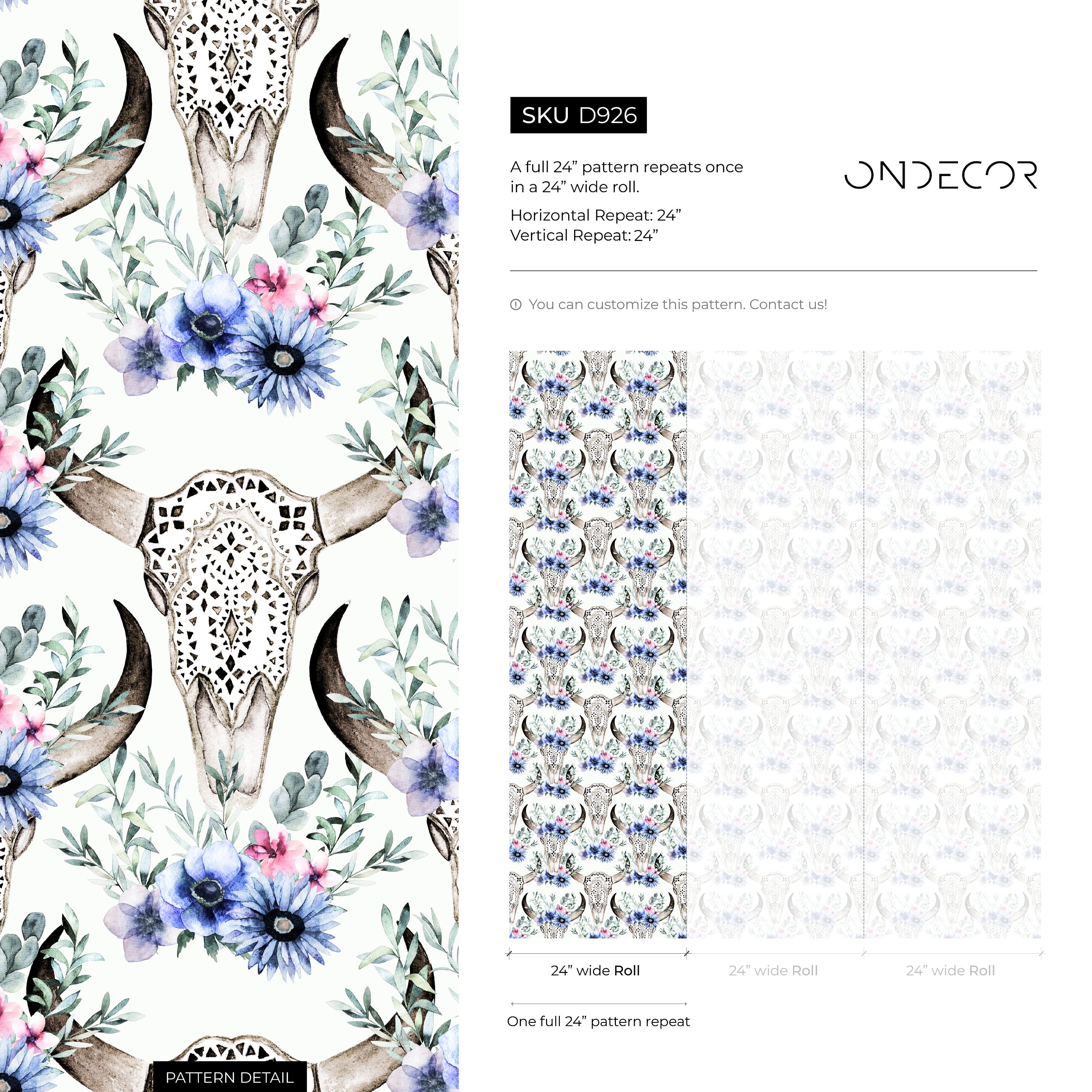 Floral Wallpaper With A Bohemian Bull Skull Motif In Blue, Pink, And Green - D926