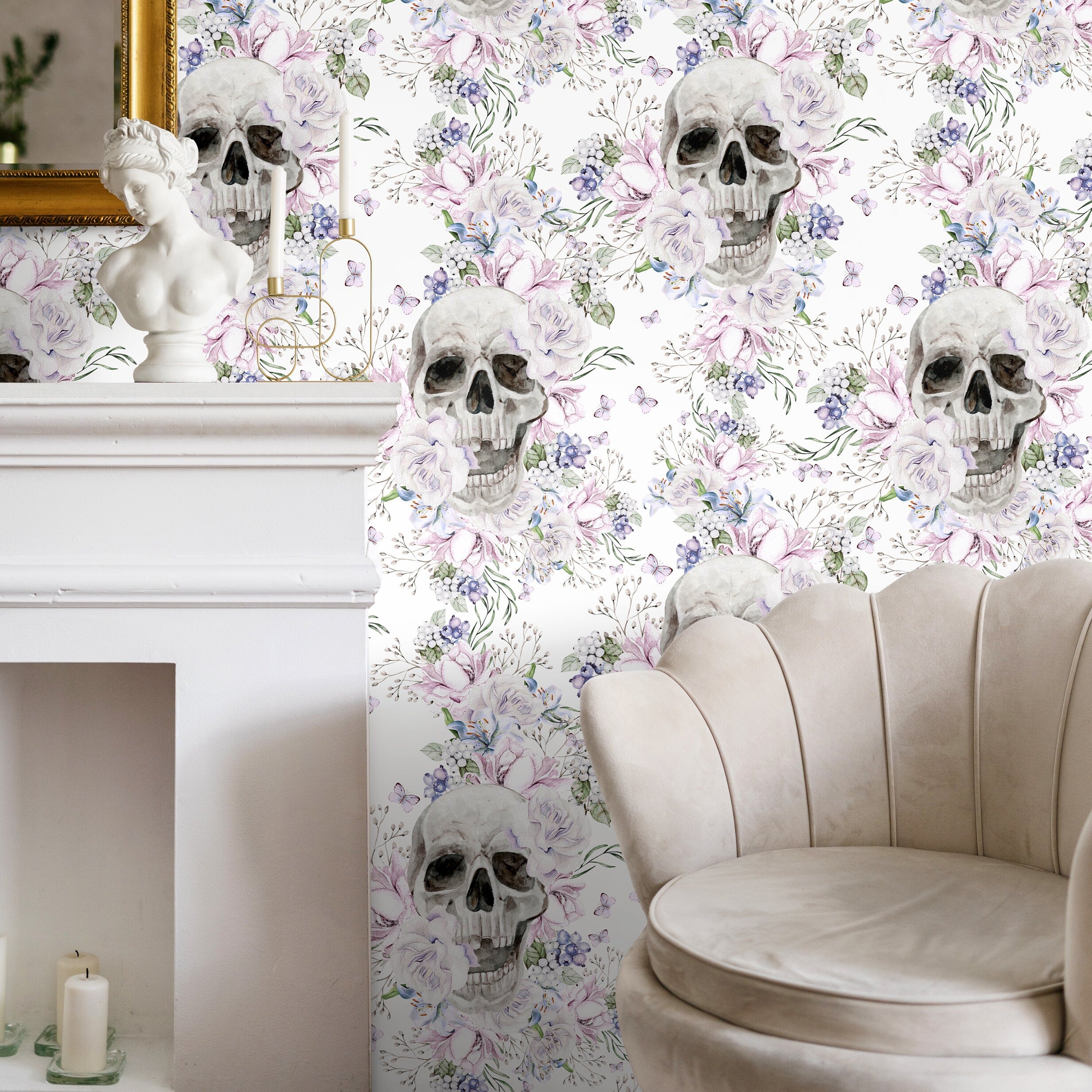 Gothic Wallpaper With A Floral Skull Motif In Gray, Pink, And Lavender - D930