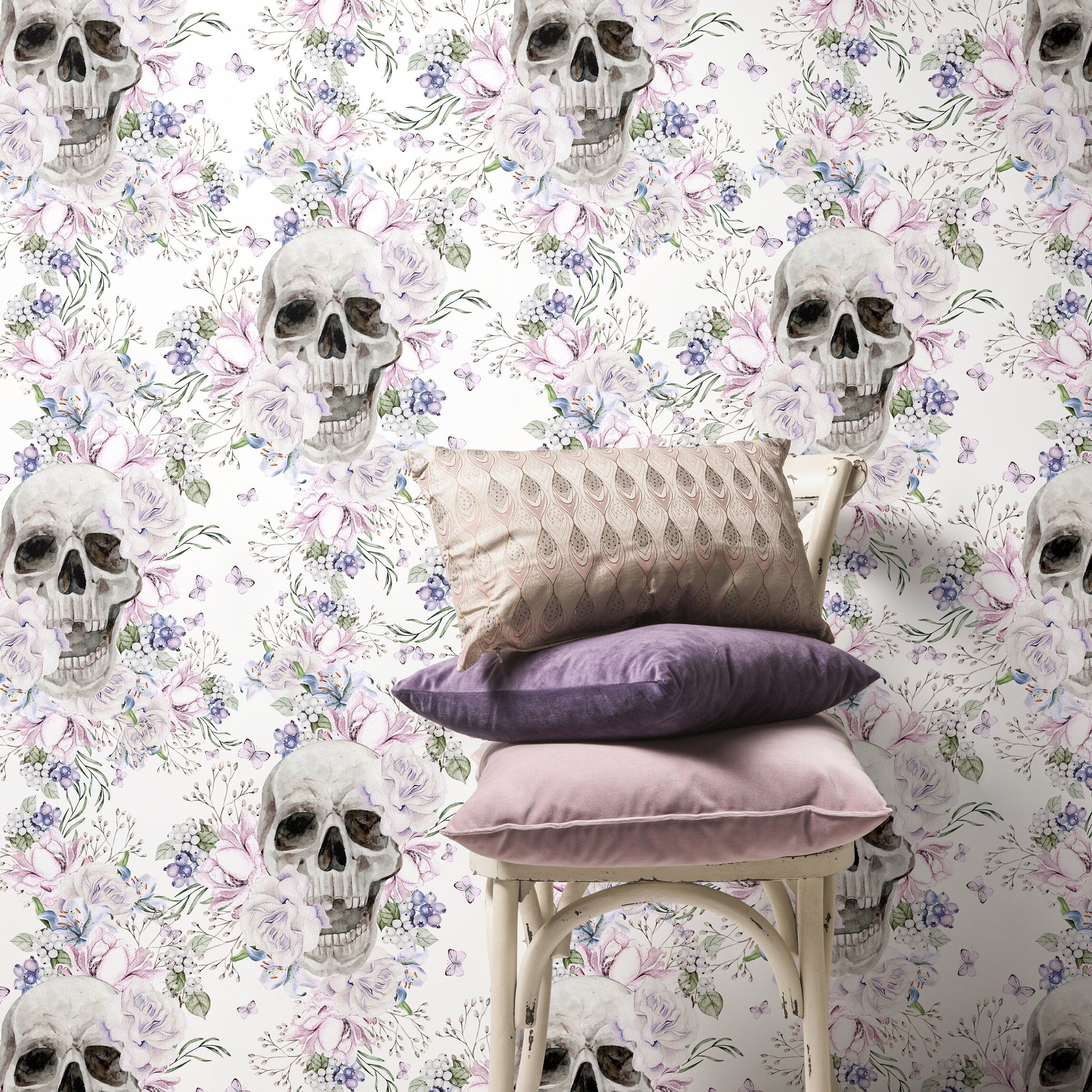 Gothic Wallpaper With A Floral Skull Motif In Gray, Pink, And Lavender - D930