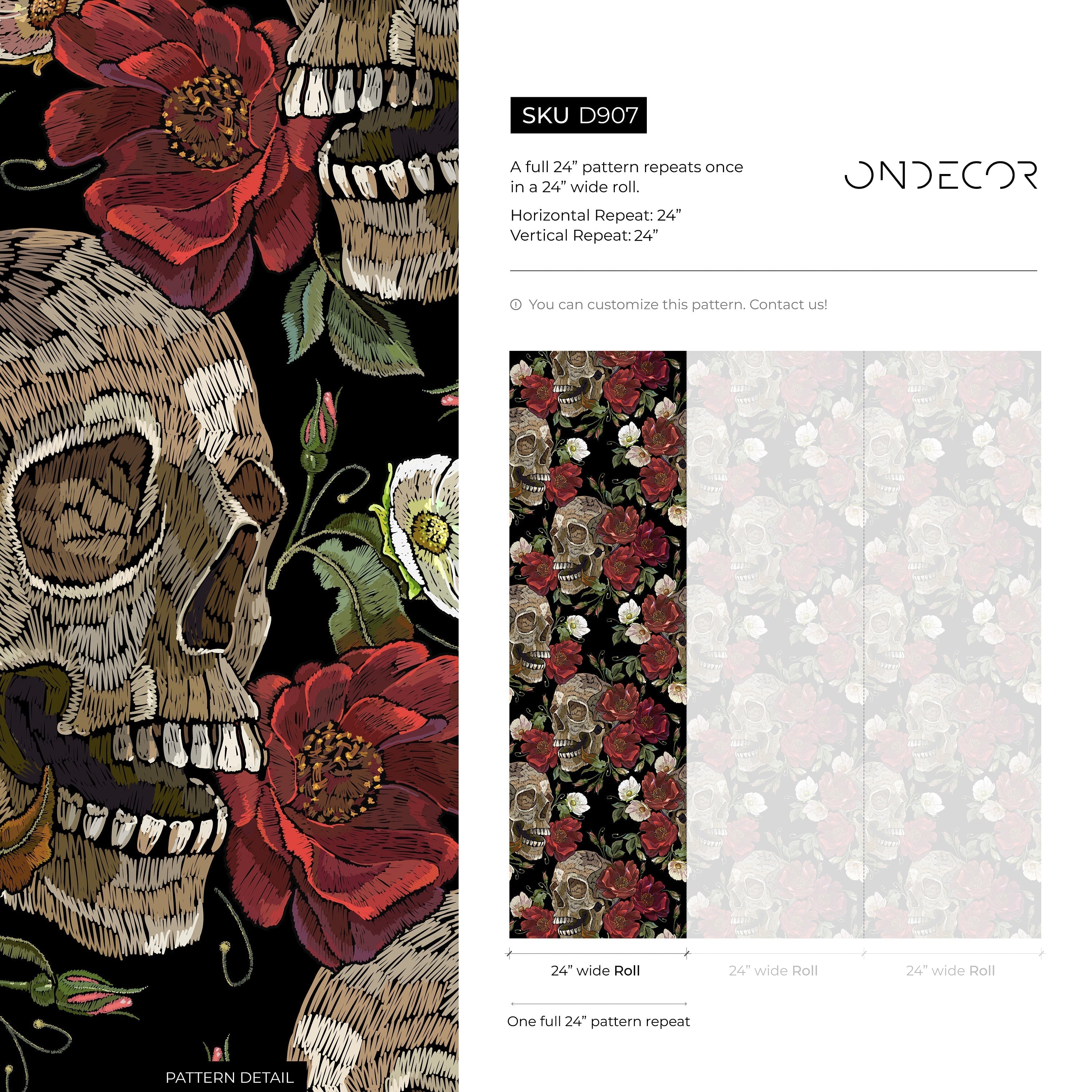 Gothic Wallpaper With Skulls And Floral Blooms In Red And Beige - D907