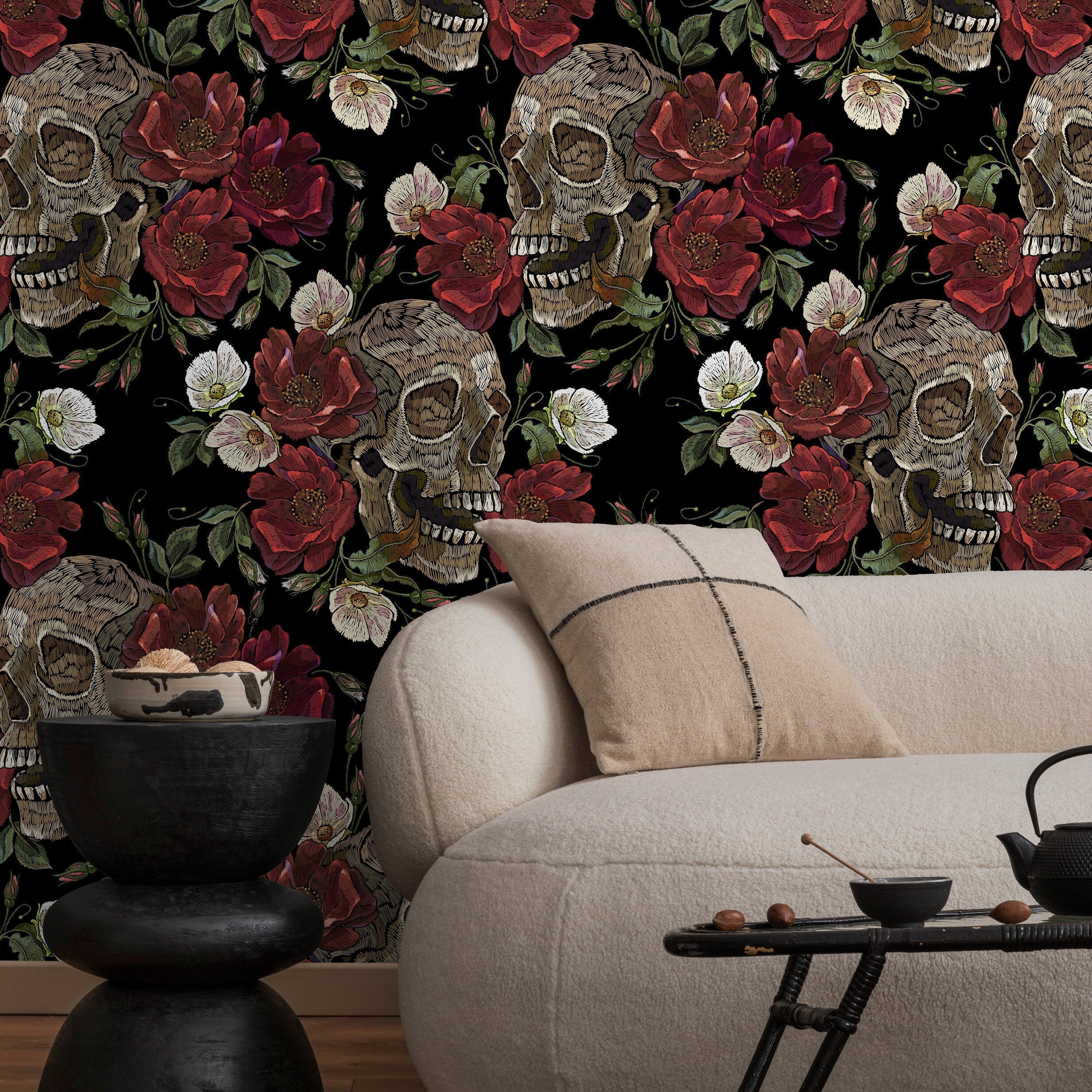 Gothic Wallpaper With Skulls And Floral Blooms In Red And Beige - D907