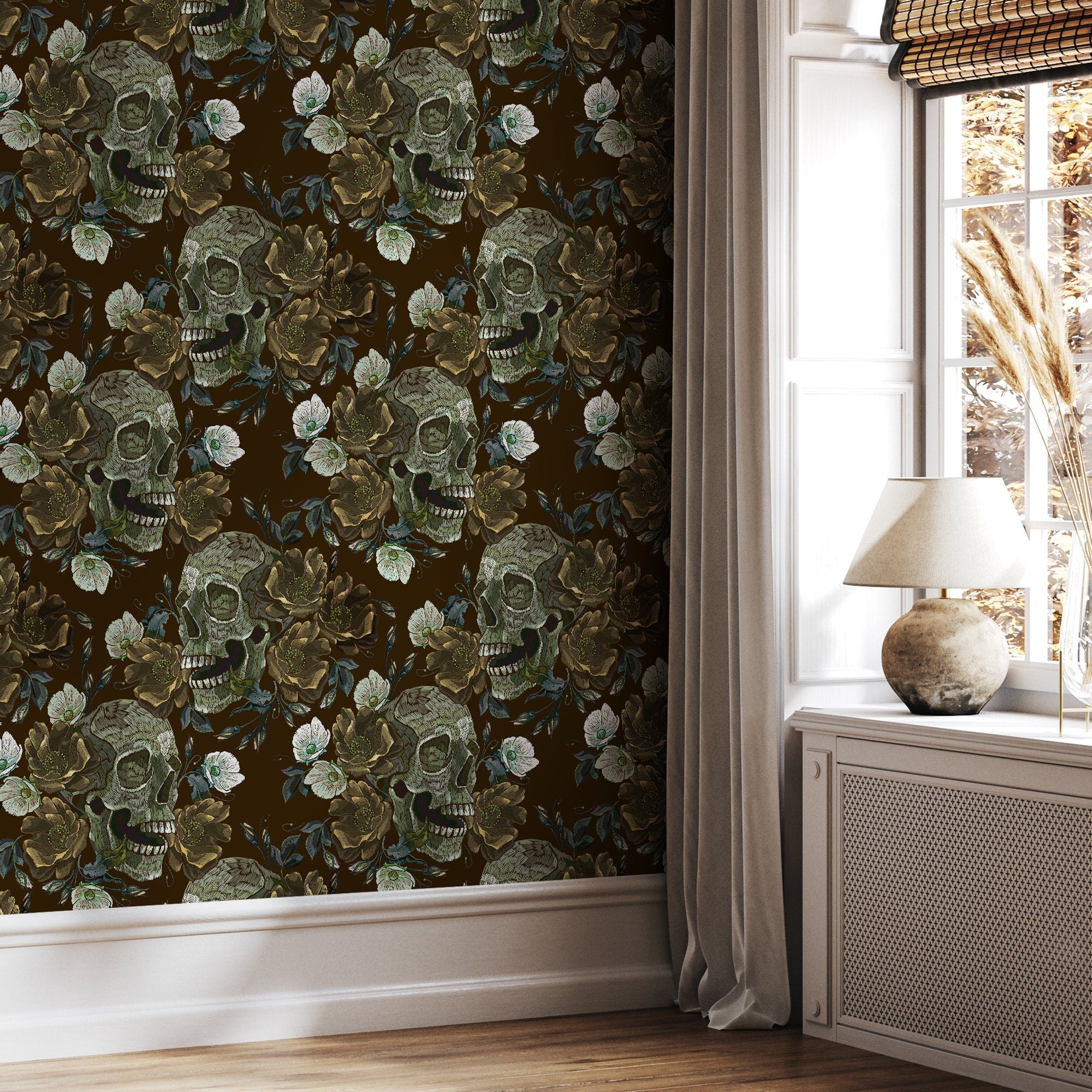 Gothic Wallpaper With Embroidered Skulls And Roses In Green And Brown - D908