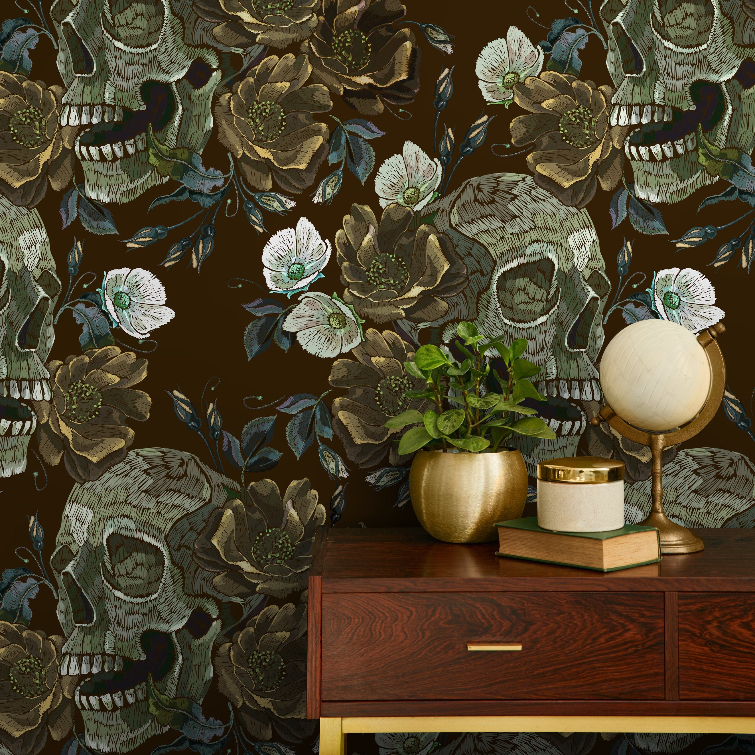 Gothic Wallpaper With Embroidered Skulls And Roses In Green And Brown - D908