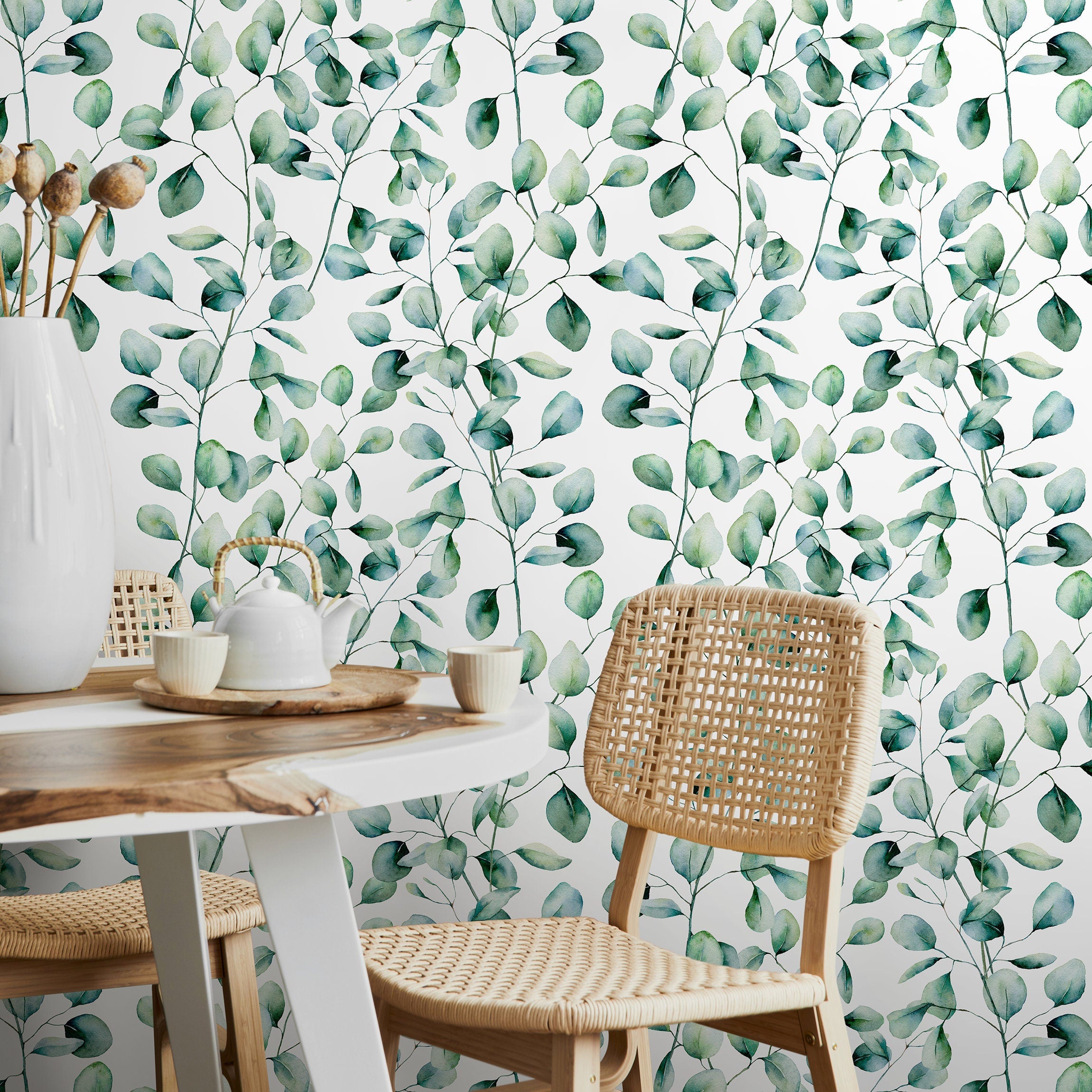 Botanical Wallpaper Featuring Watercolor Eucalyptus Branches In Greens And Blues - A655