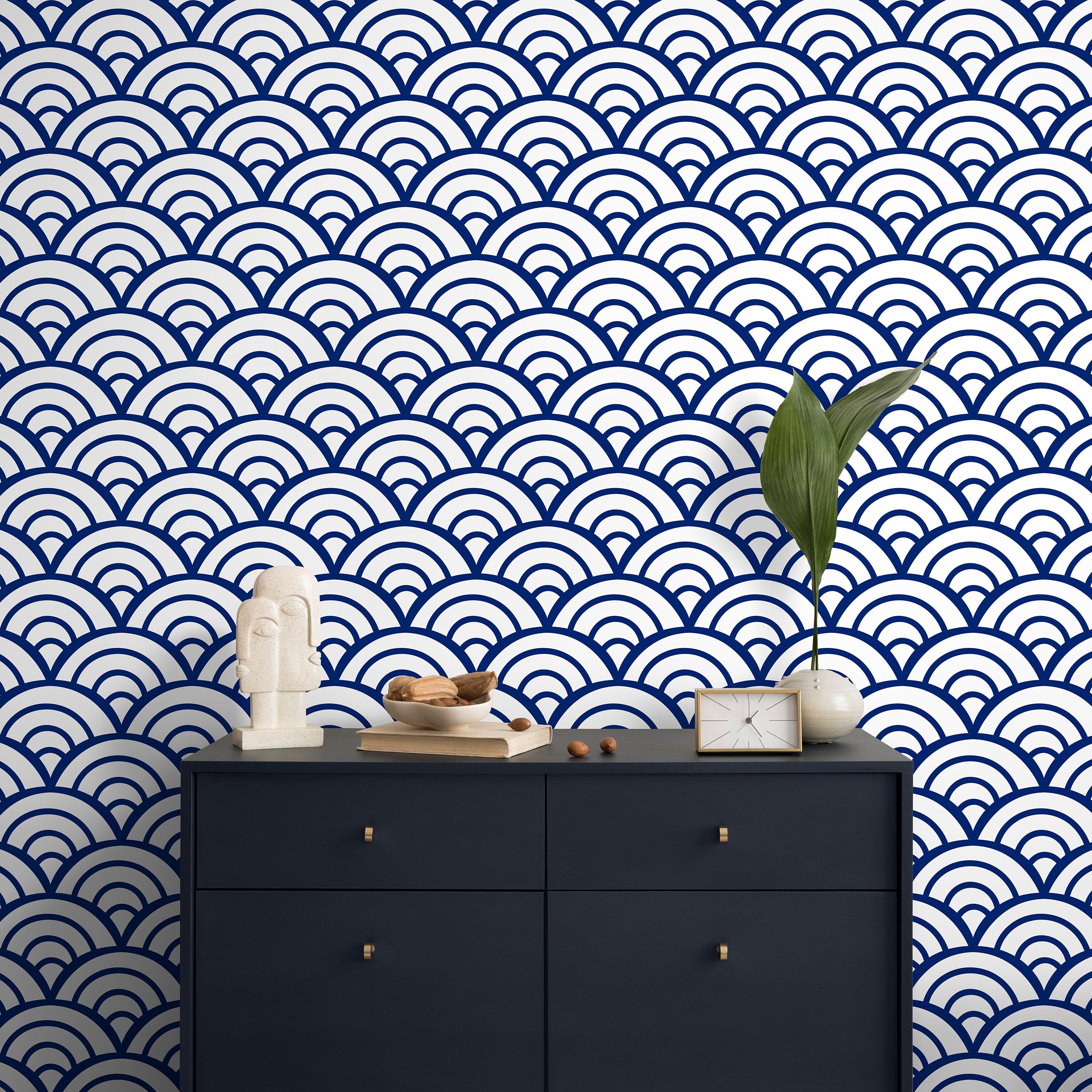 Geometric Wallpaper With A Japanese Wave Motif In Navy Blue And White - A566