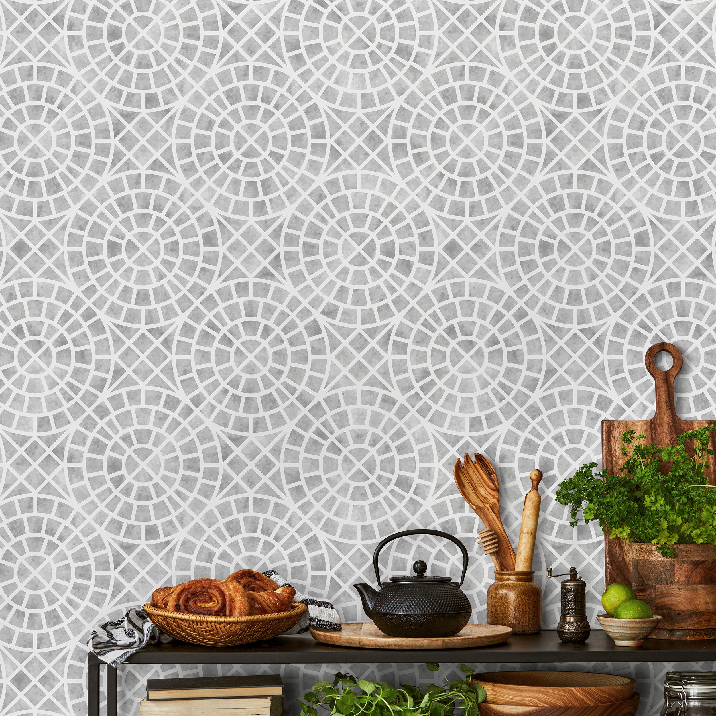Mosaic Wallpaper With A Circular Tile Motif In White And Gray - A569