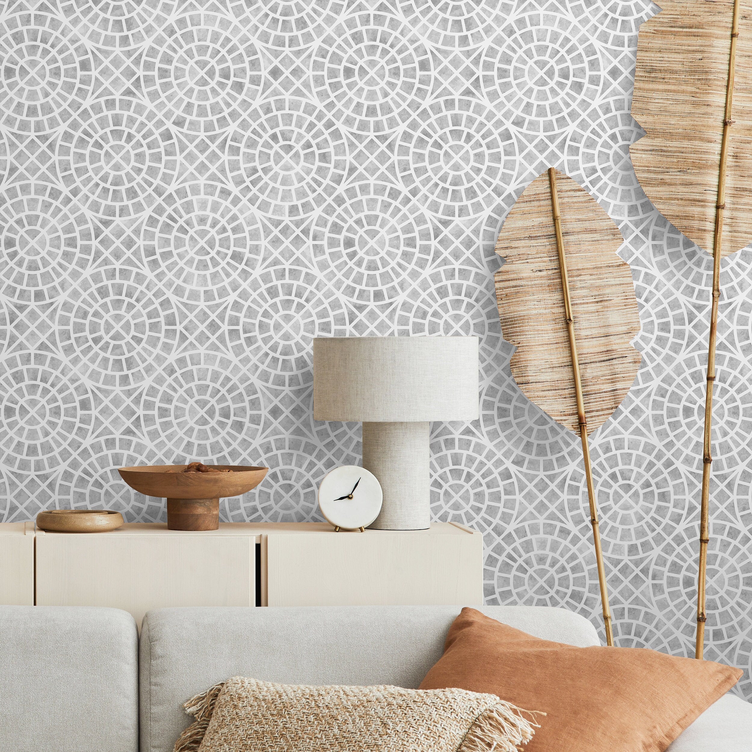 Mosaic Wallpaper With A Circular Tile Motif In White And Gray - A569