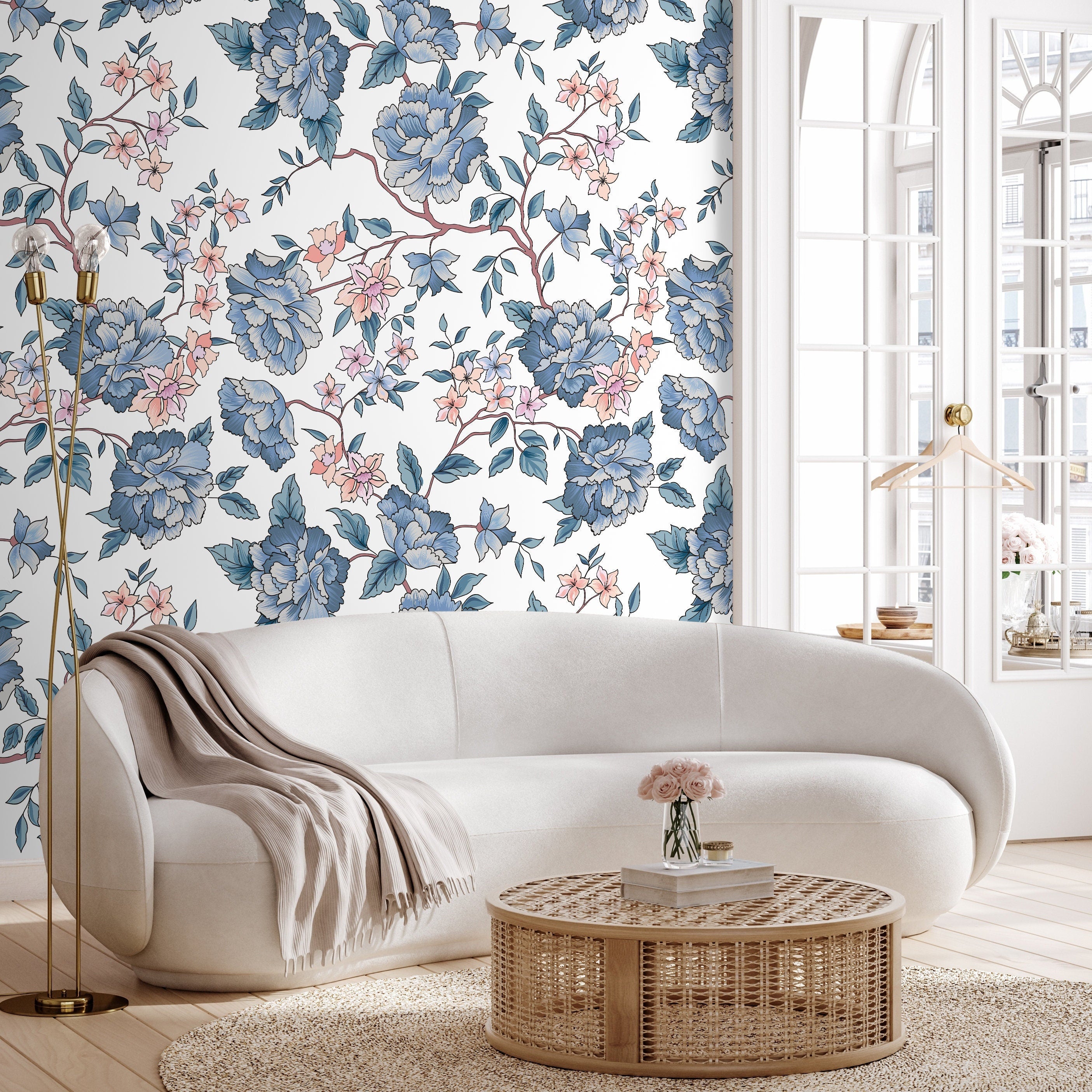 Vintage Floral Wallpaper With Peonies And Blossoms In Blue And Pink - A594