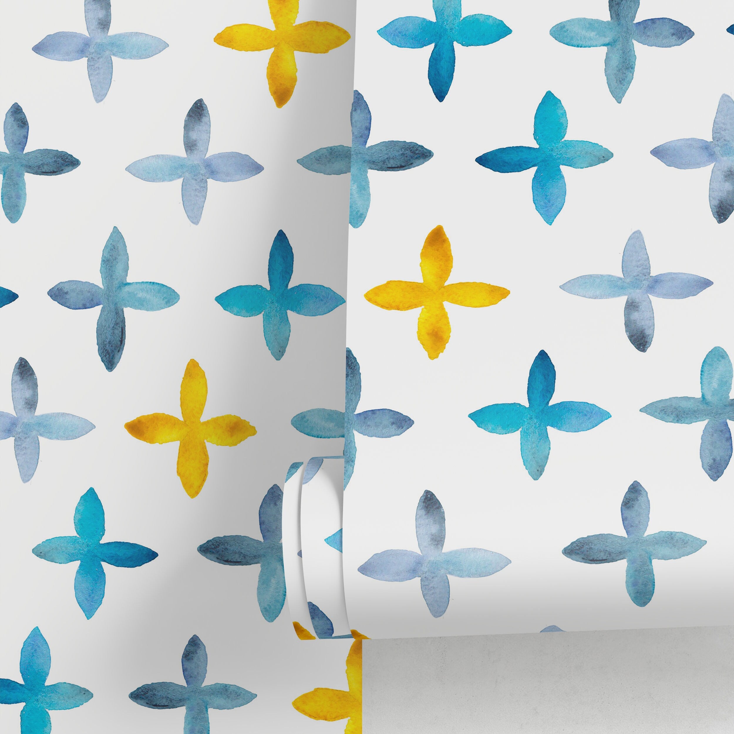 Geometric Wallpaper With Watercolor Crosses In Blue And Yellow - A603
