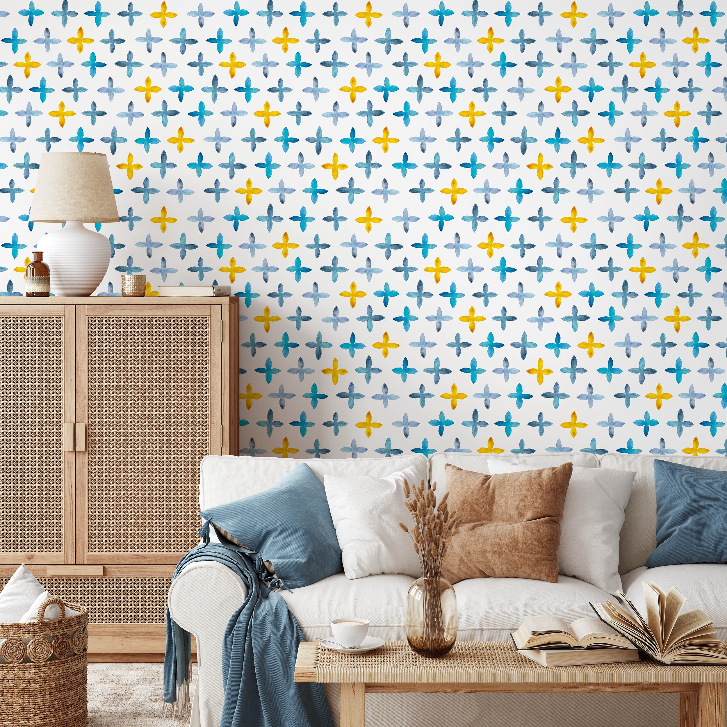 Geometric Wallpaper With Watercolor Crosses In Blue And Yellow - A603