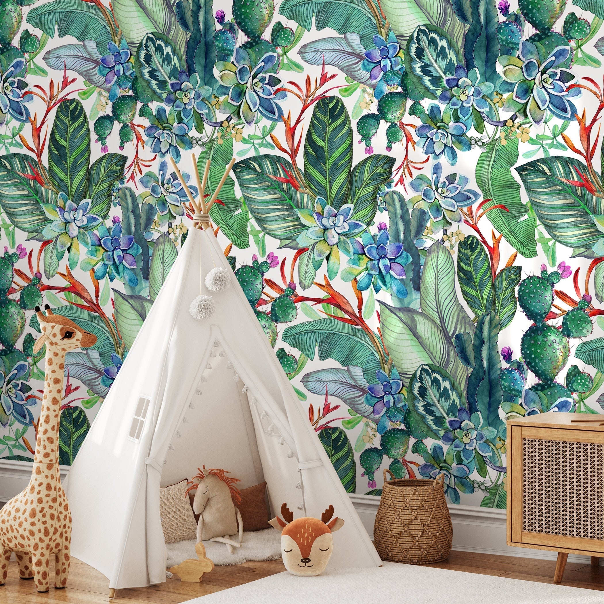 Botanical Wallpaper Featuring Watercolor Succulents And Cacti In Green, Blue, And Red - A612