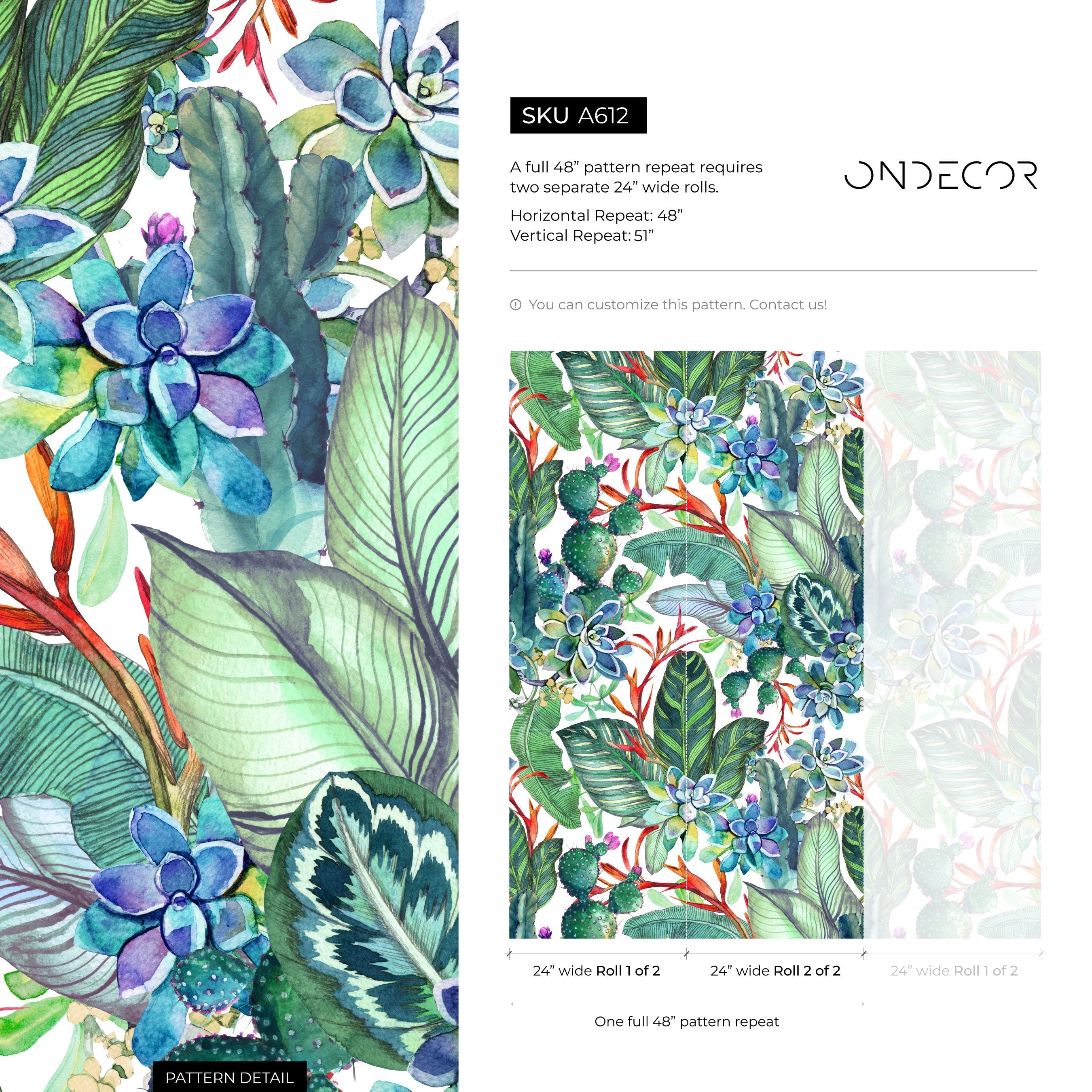 Botanical Wallpaper Featuring Watercolor Succulents And Cacti In Green, Blue, And Red - A612
