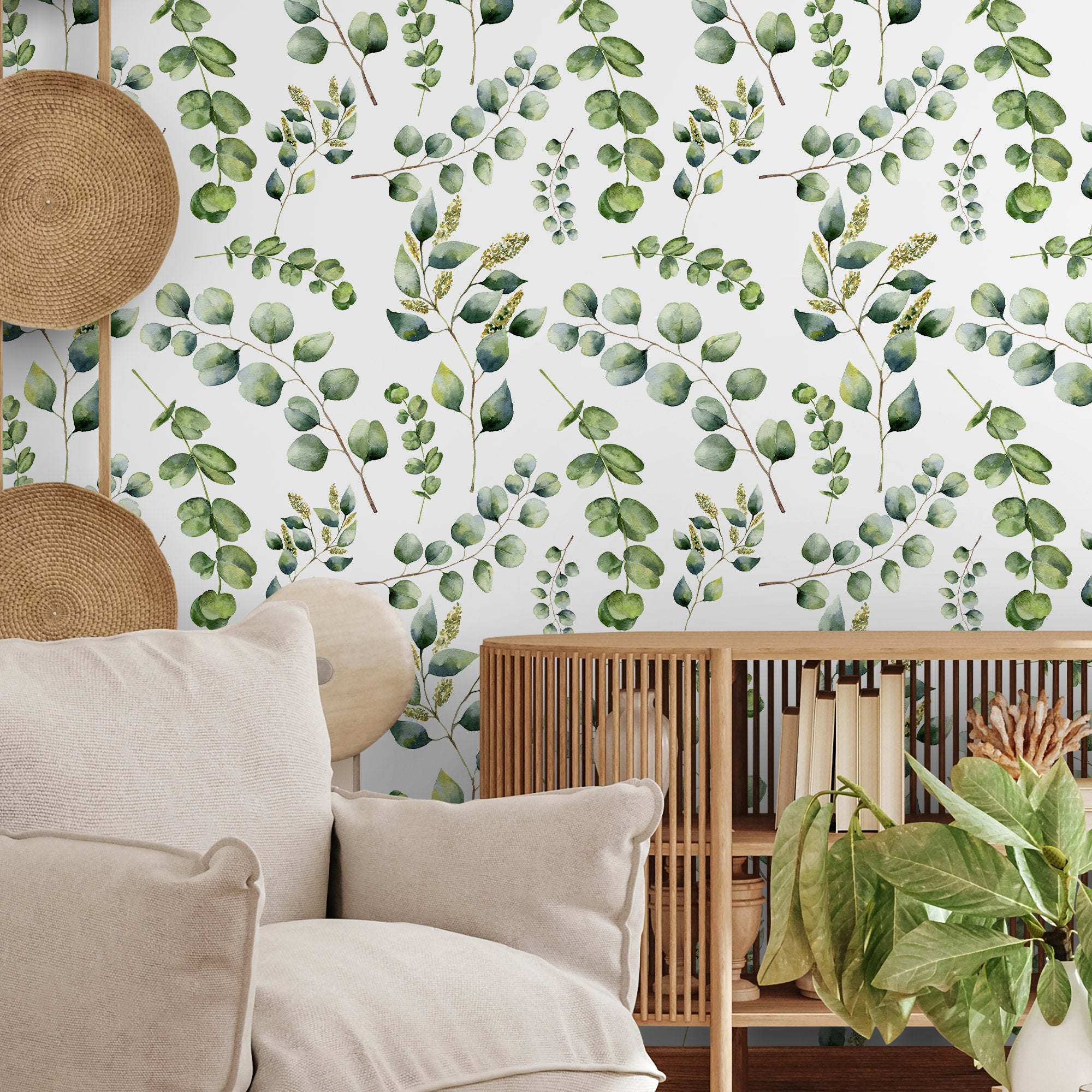 Botanical Wallpaper With A Watercolor Eucalyptus Motif In Green And Brown - A649