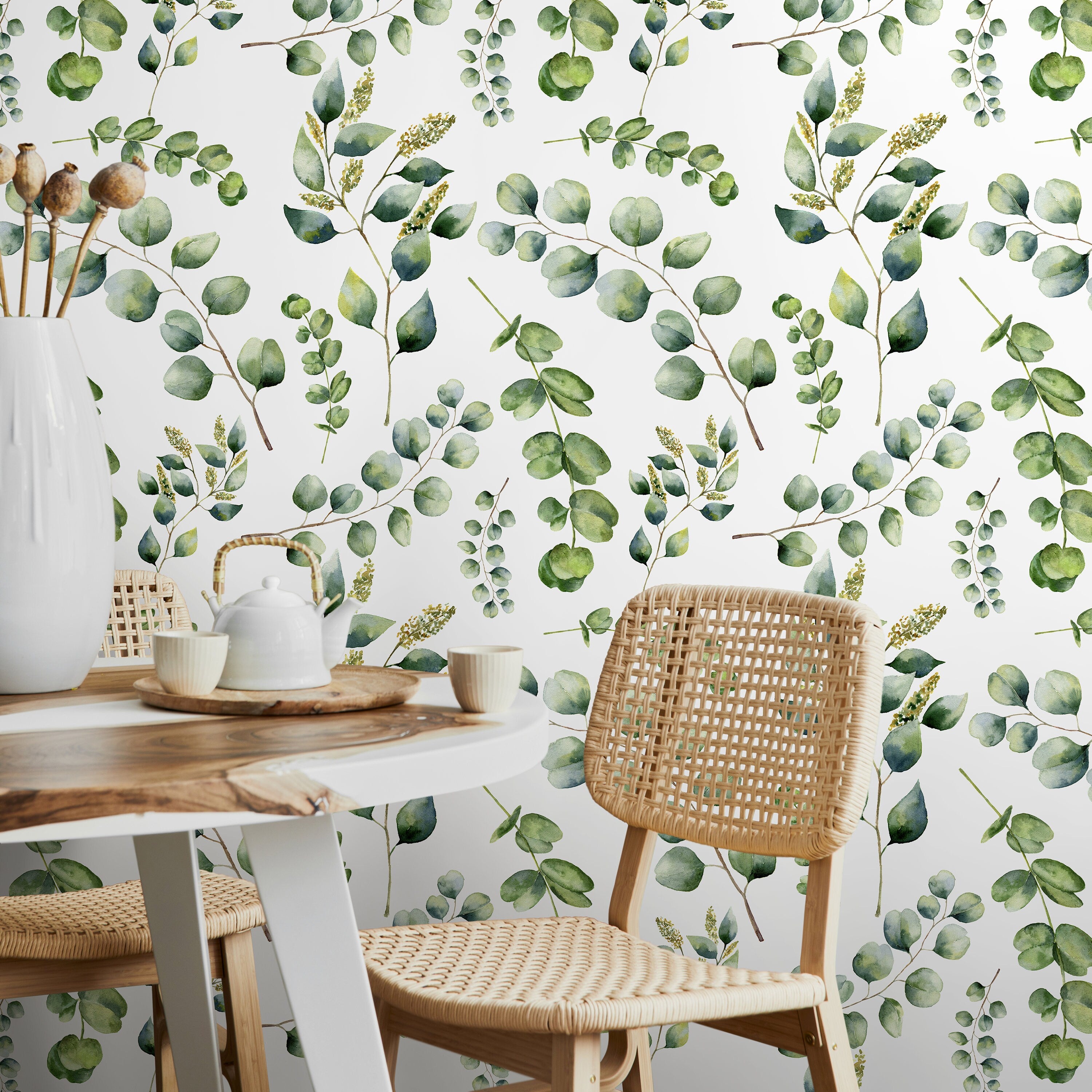 Botanical Wallpaper With A Watercolor Eucalyptus Motif In Green And Brown - A649