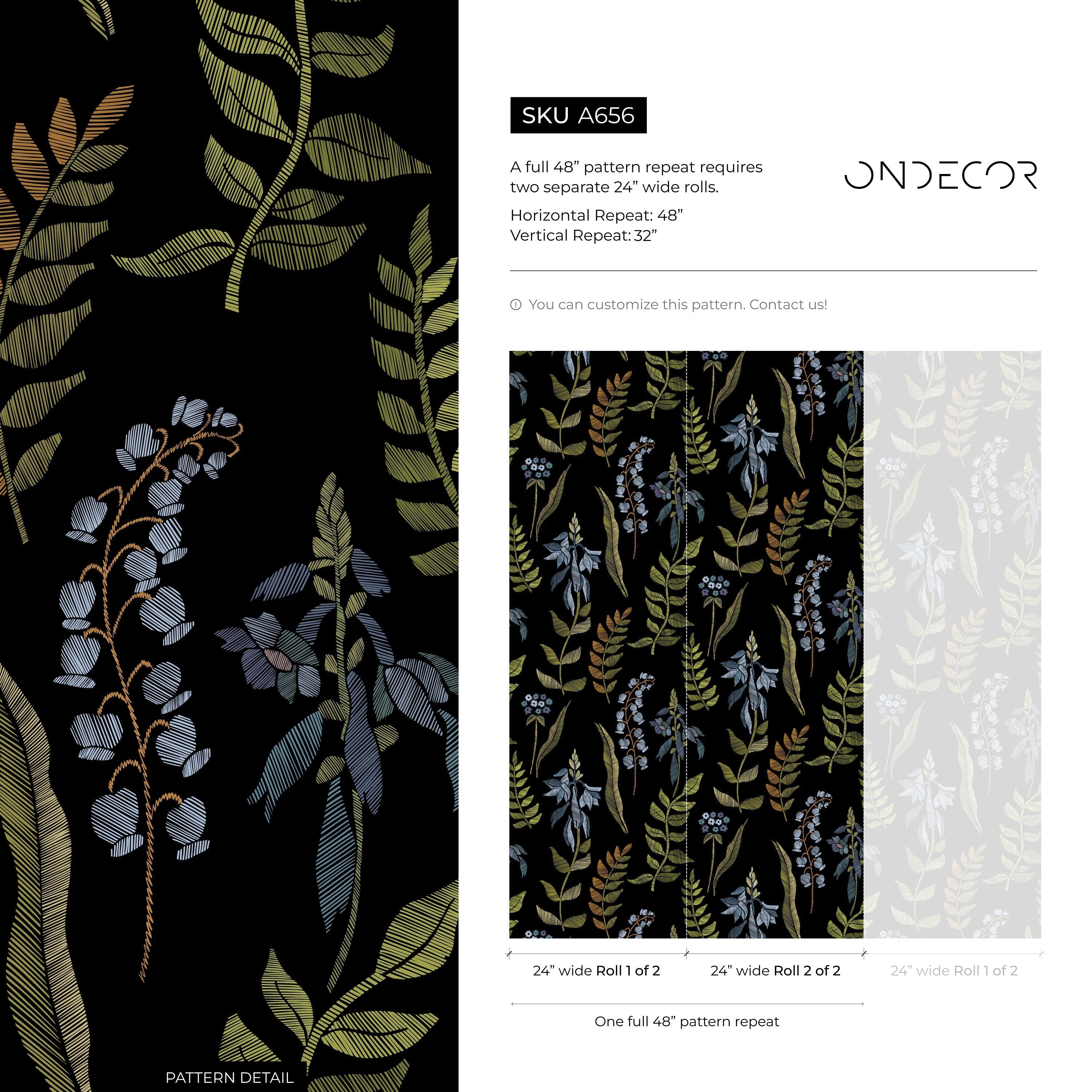 Botanical Wallpaper With An Embroidered Leaf Motif In Green, Blue, And Copper - A656