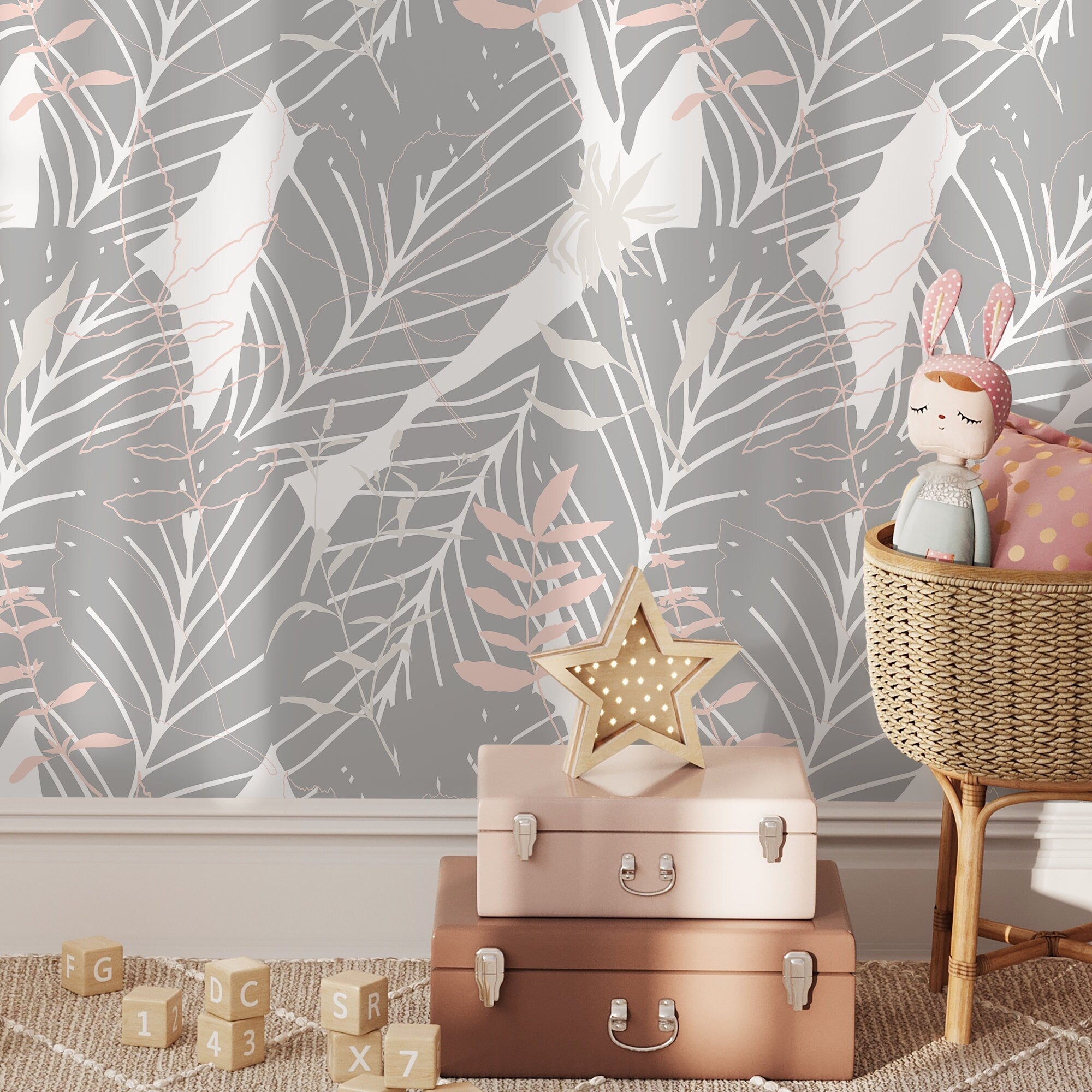 Botanical Wallpaper With Layered Leaf Silhouettes In Gray, Pink, And White - A678