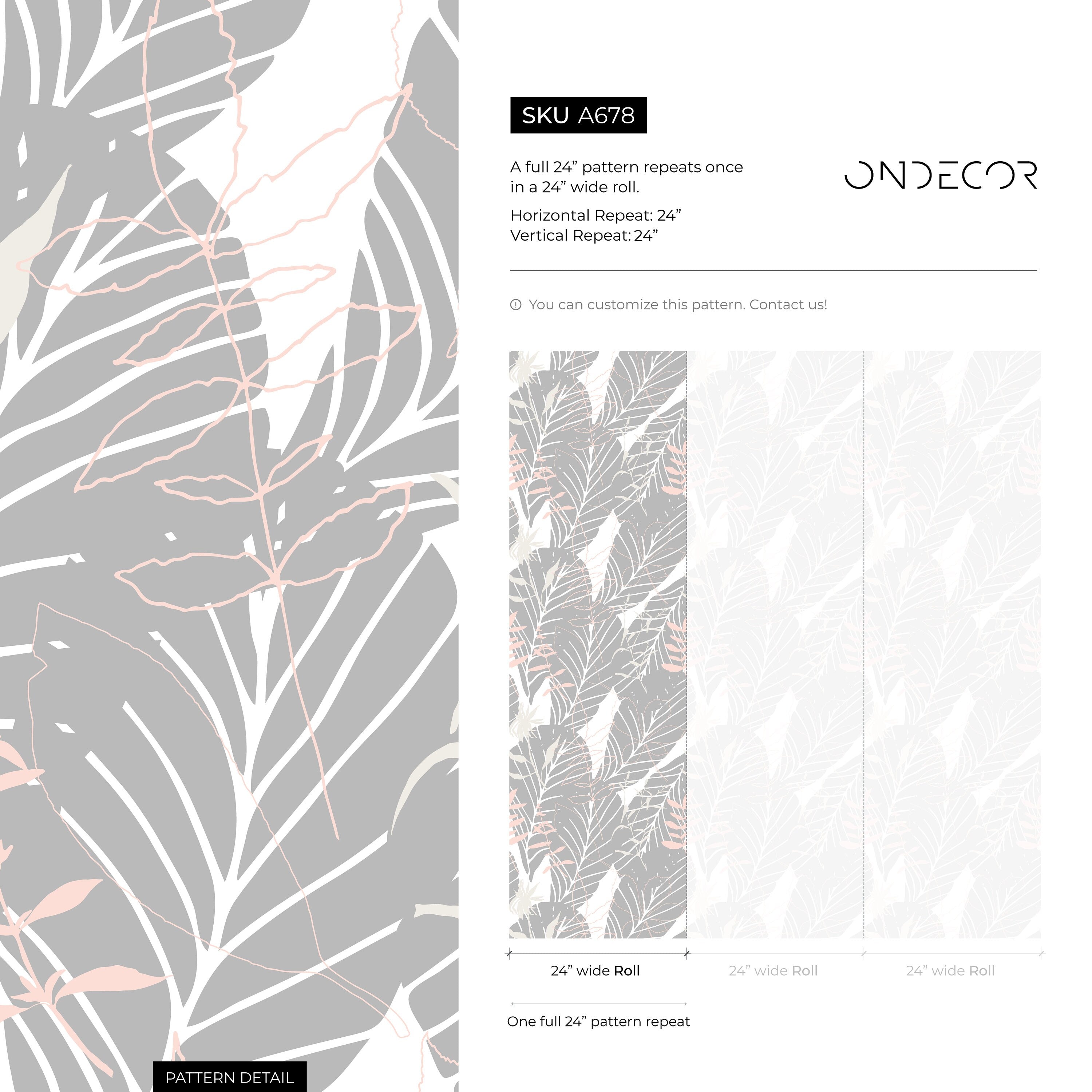 Botanical Wallpaper With Layered Leaf Silhouettes In Gray, Pink, And White - A678