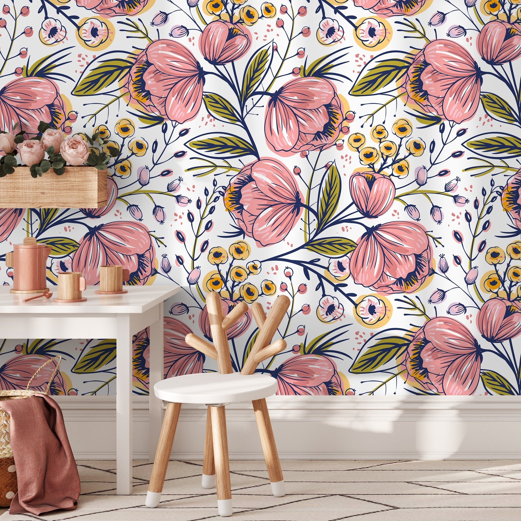 Floral Wallpaper With Stylized Blooms In Pink, Yellow, And Blue - A692