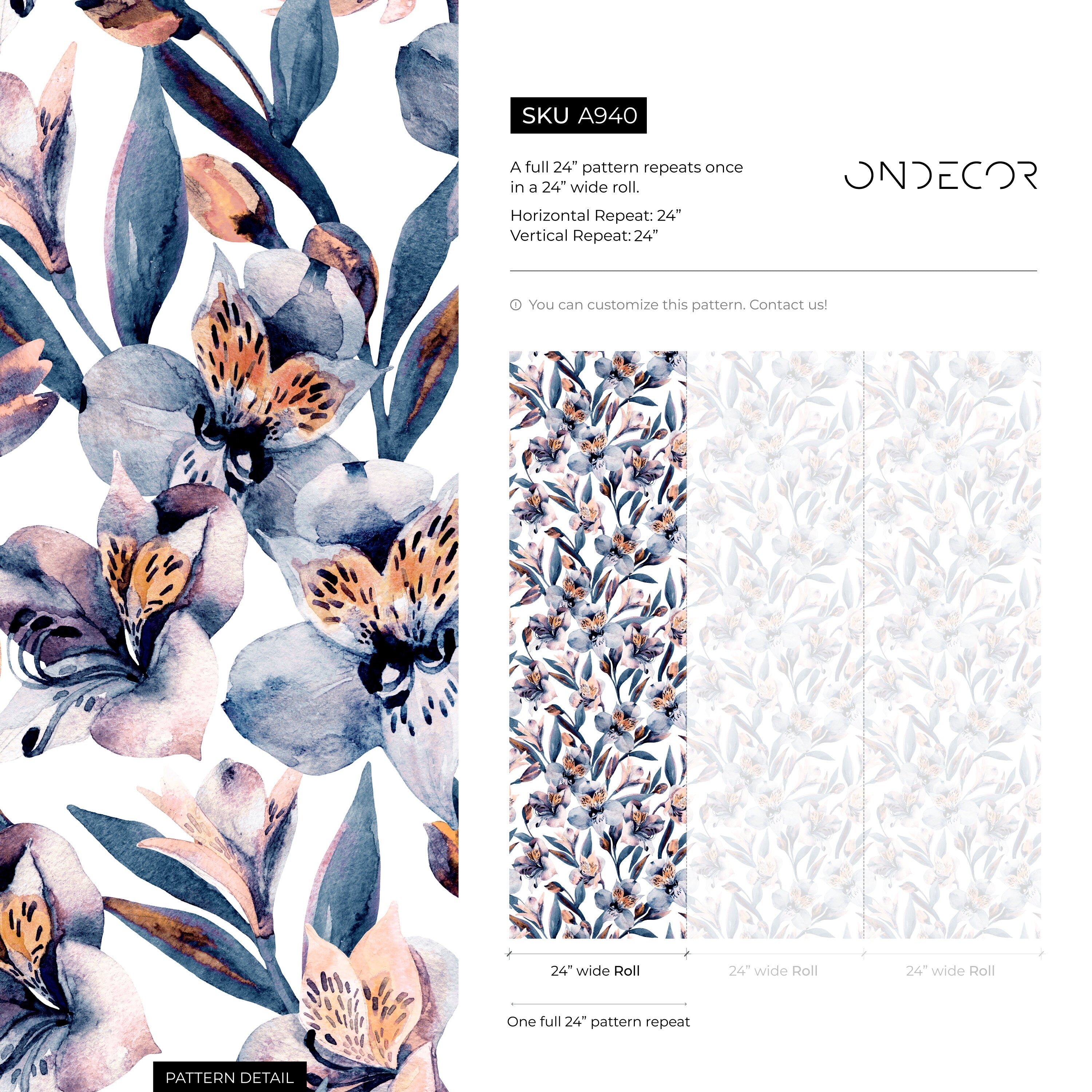 Floral Wallpaper With Watercolor Orchids In Blue, Purple, And Orange - A940