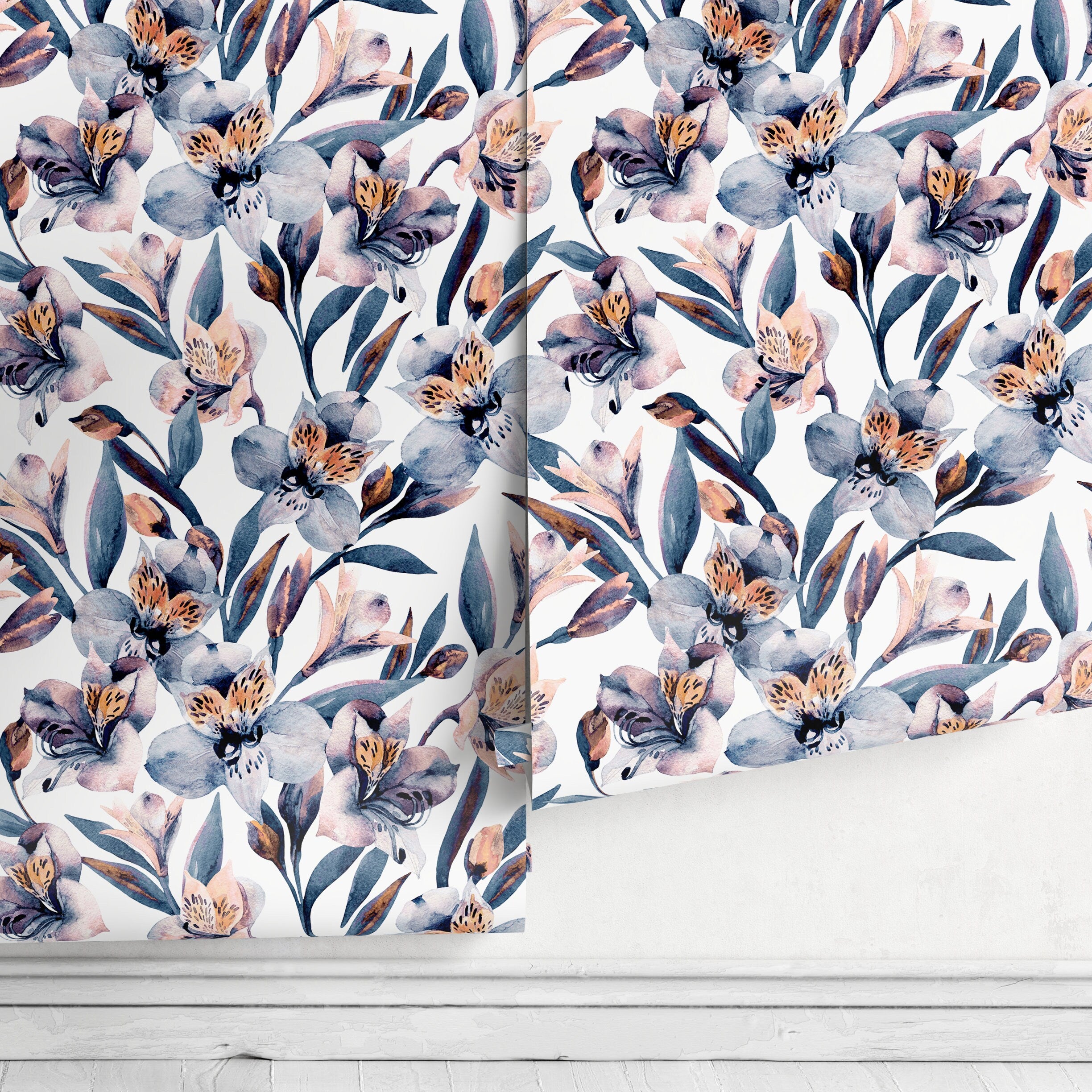 Floral Wallpaper With Watercolor Orchids In Blue, Purple, And Orange - A940