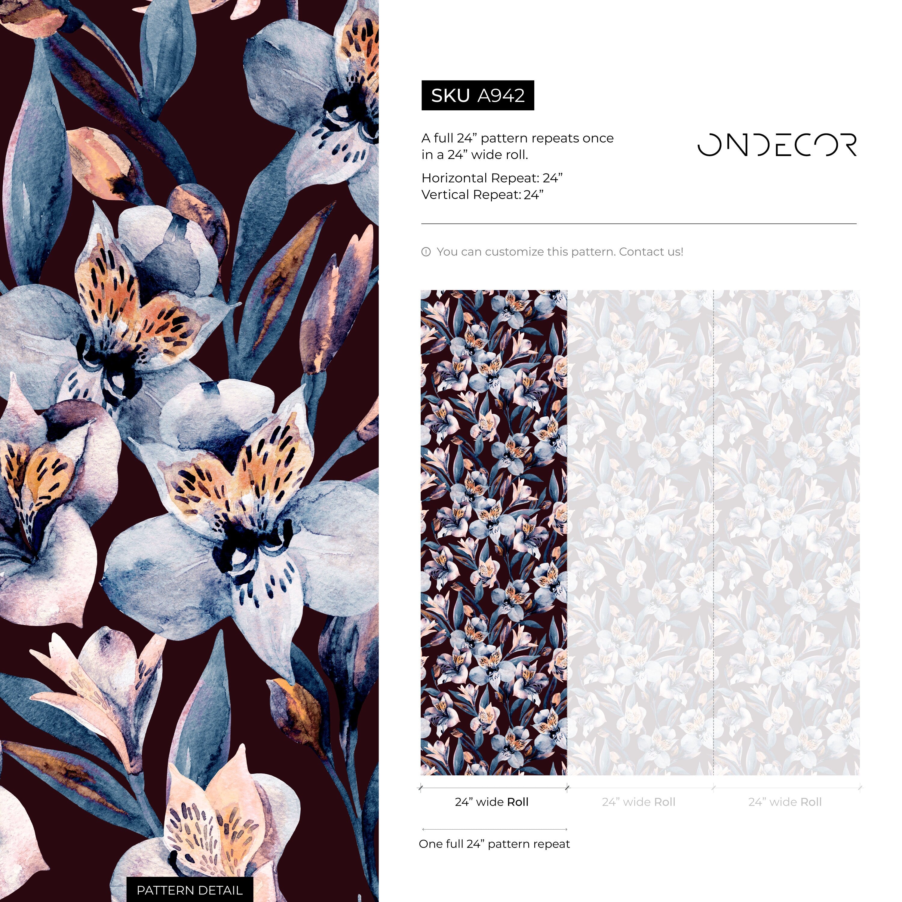Floral Wallpaper Featuring Watercolor Lilies In Blue, Orange, And Burgundy - A942