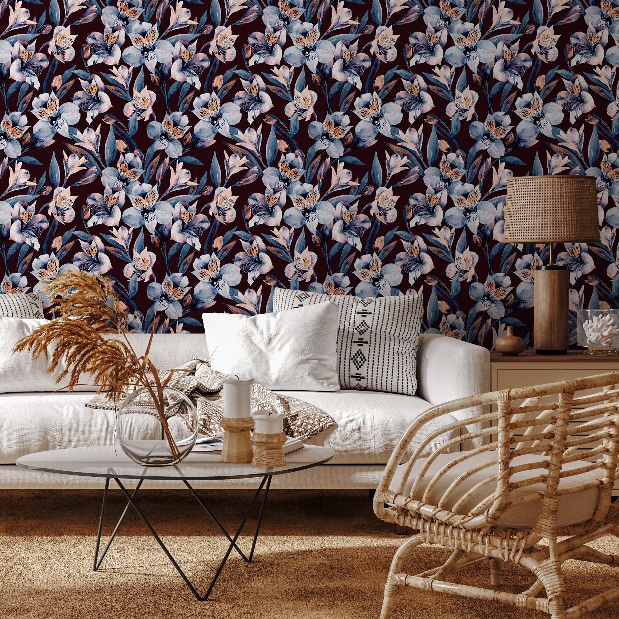 Floral Wallpaper Featuring Watercolor Lilies In Blue, Orange, And Burgundy - A942