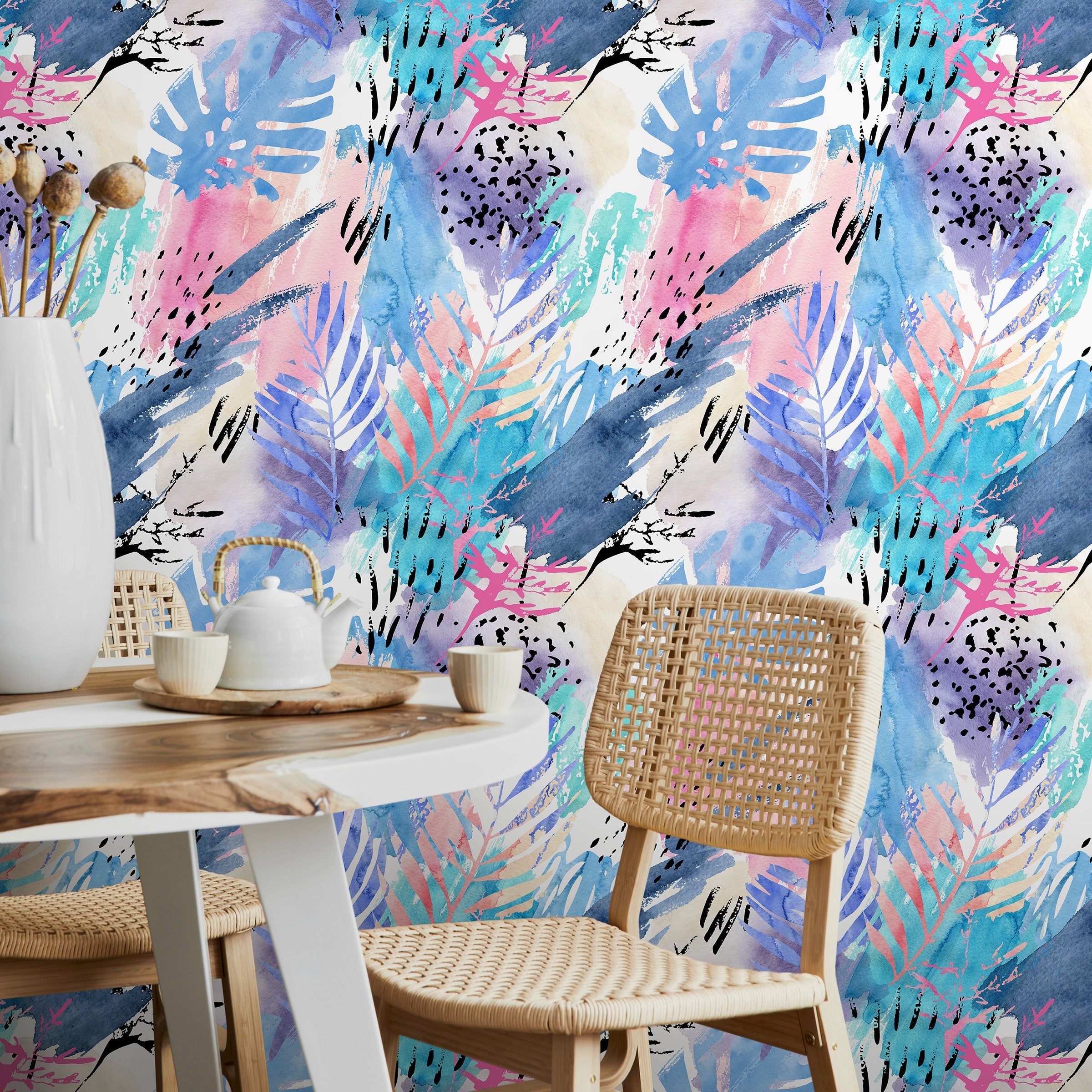 Abstract Wallpaper With Watercolor Tropical Leaves In Blue, Pink, And Purple - A965