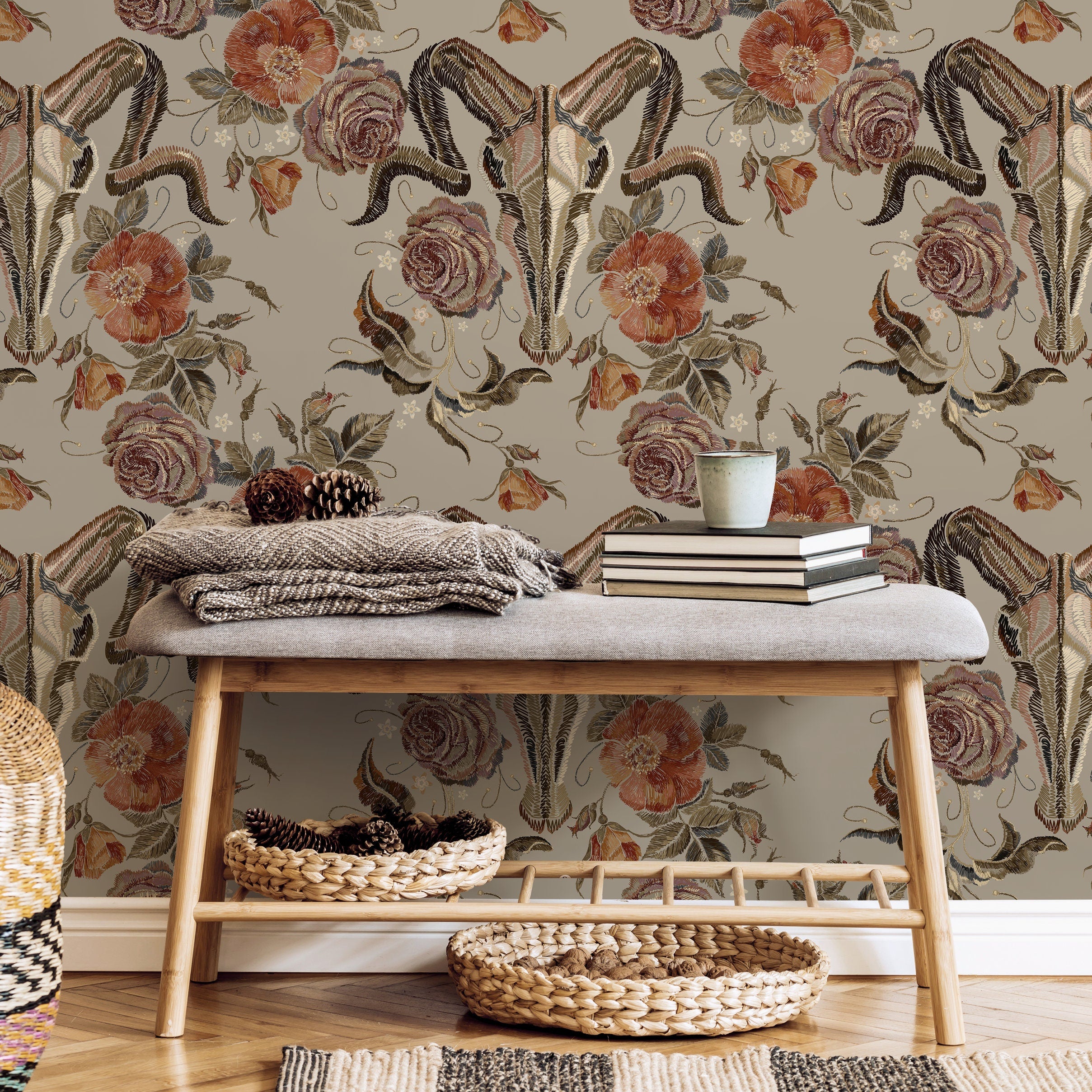 Gothic Wallpaper With An Embroidered Goat Skull In Rust And Brown - D887