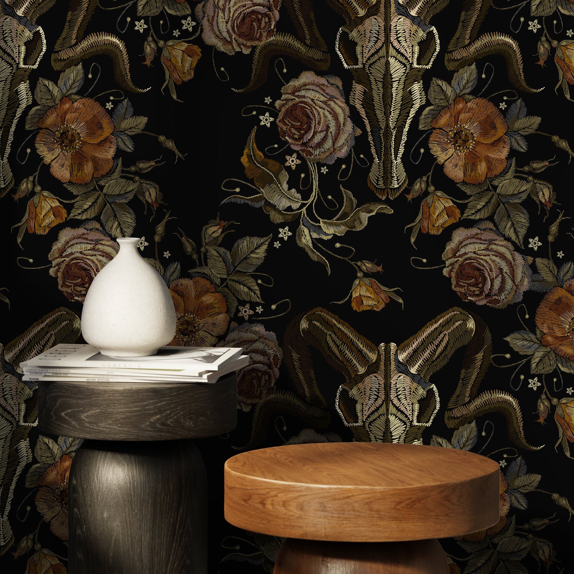 Gothic Wallpaper With Goat Skulls And Roses In Black And Brown - D888