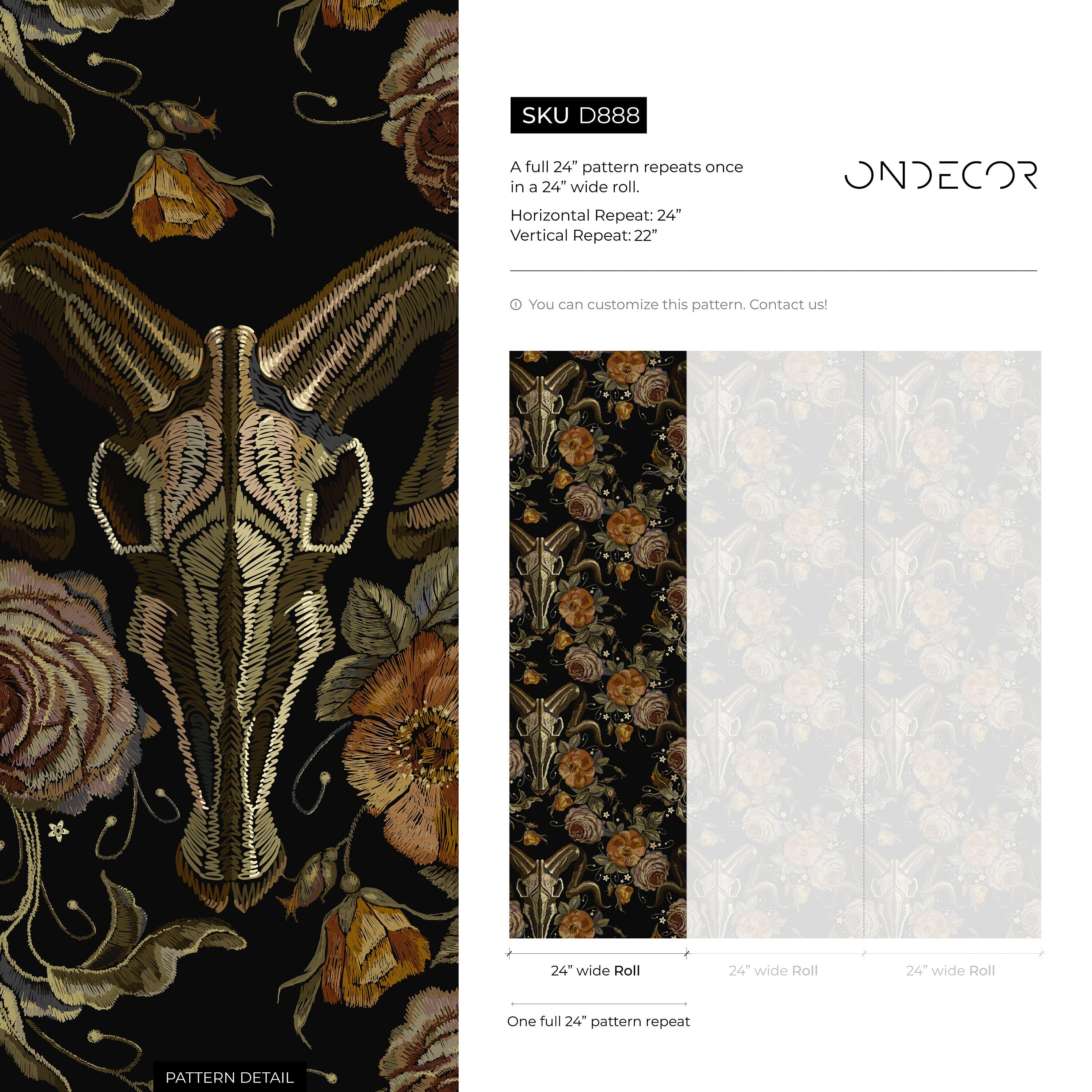 Gothic Wallpaper With Goat Skulls And Roses In Black And Brown - D888