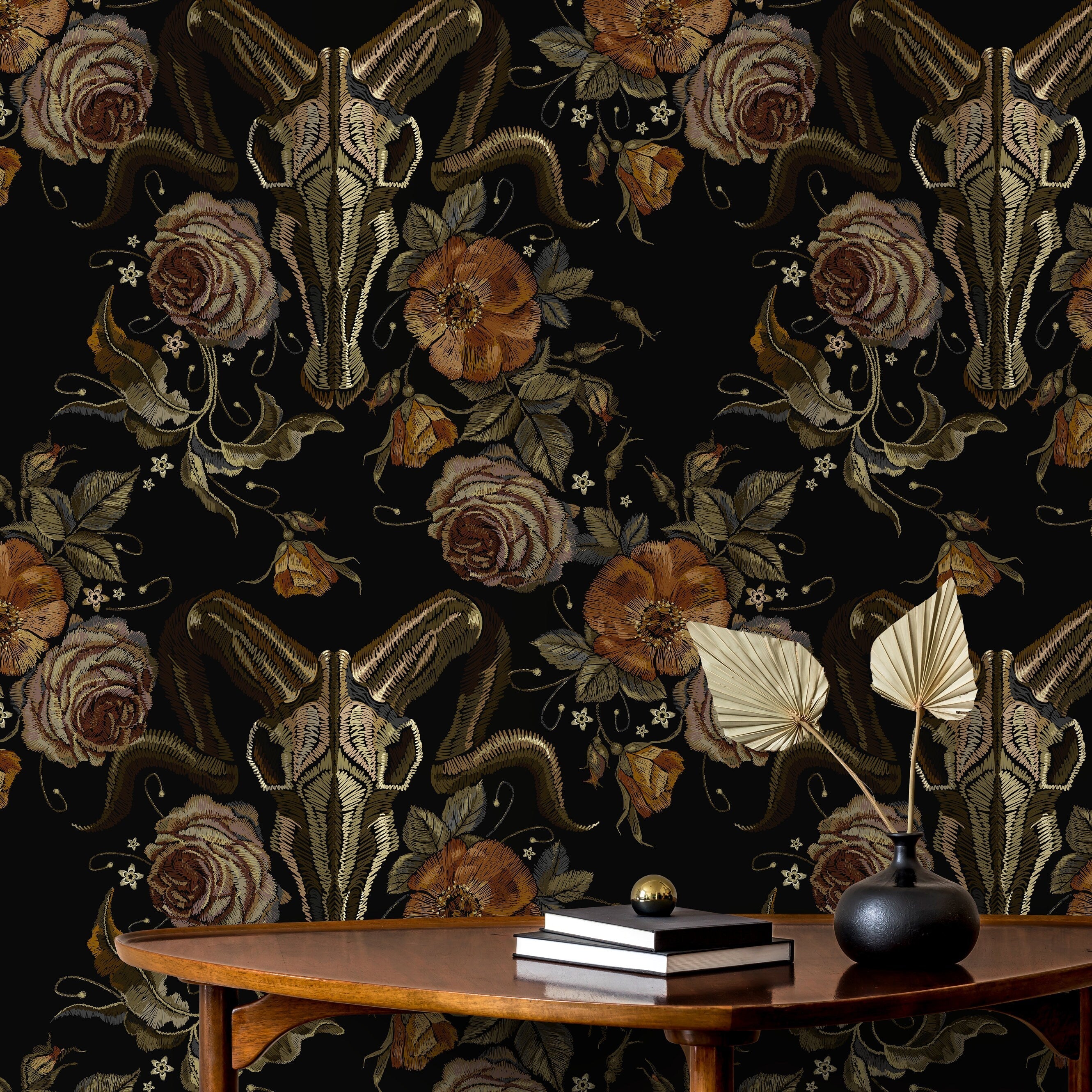 Gothic Wallpaper With Goat Skulls And Roses In Black And Brown - D888