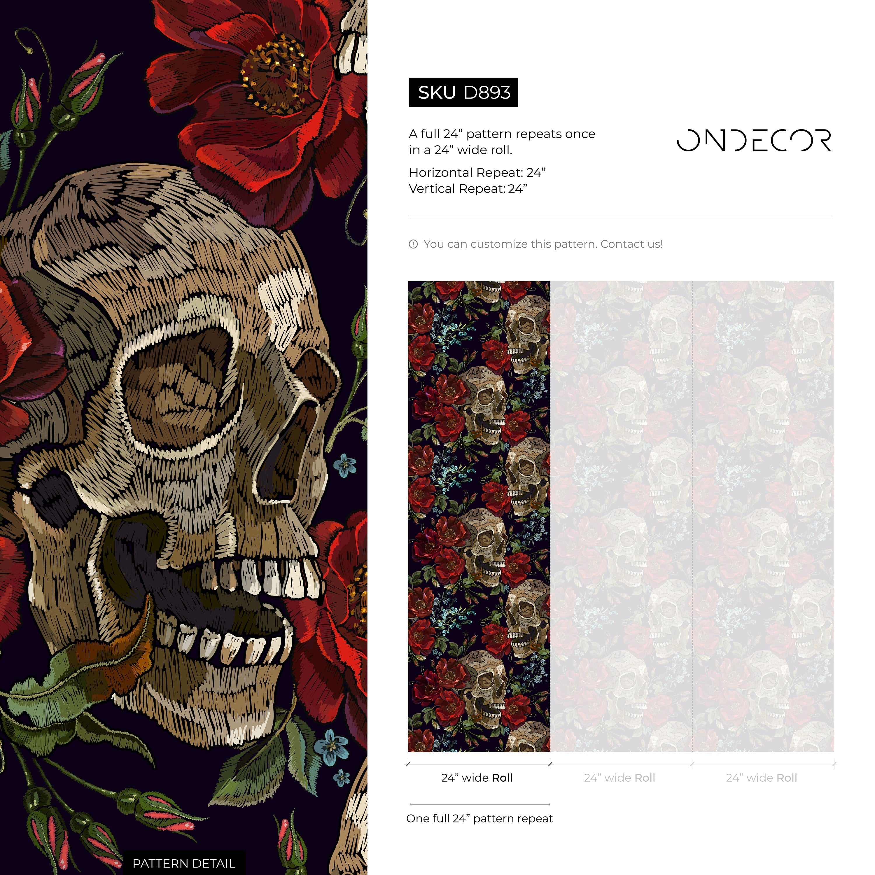 Gothic Wallpaper With An Embroidered Skull And Rose Motif In Red, Brown, And Black - D893