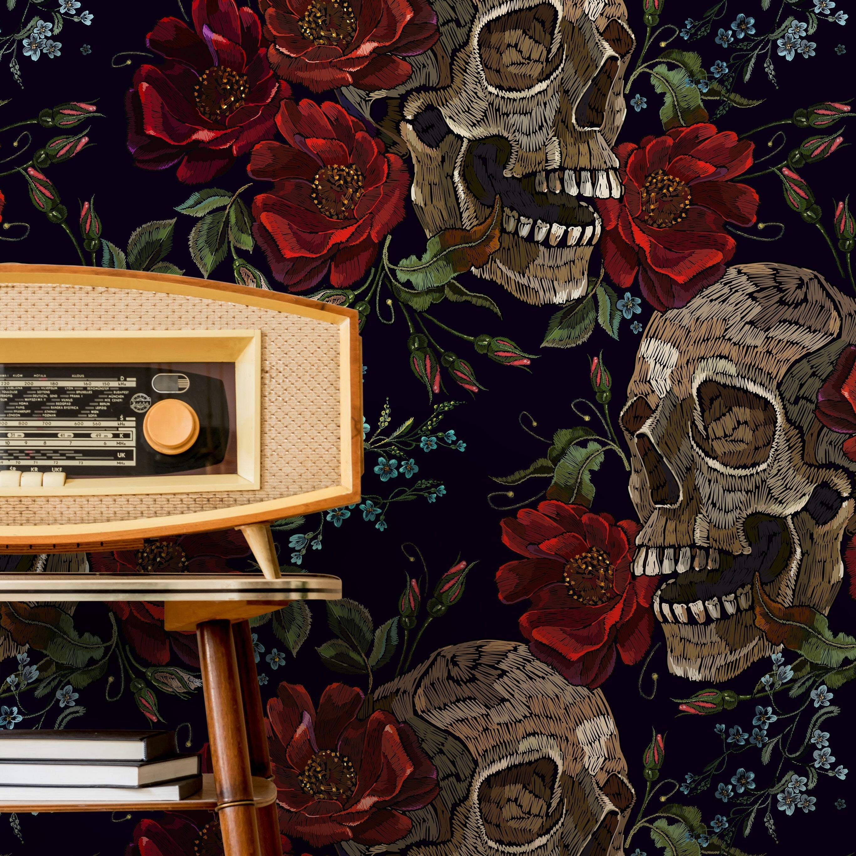 Gothic Wallpaper With An Embroidered Skull And Rose Motif In Red, Brown, And Black - D893